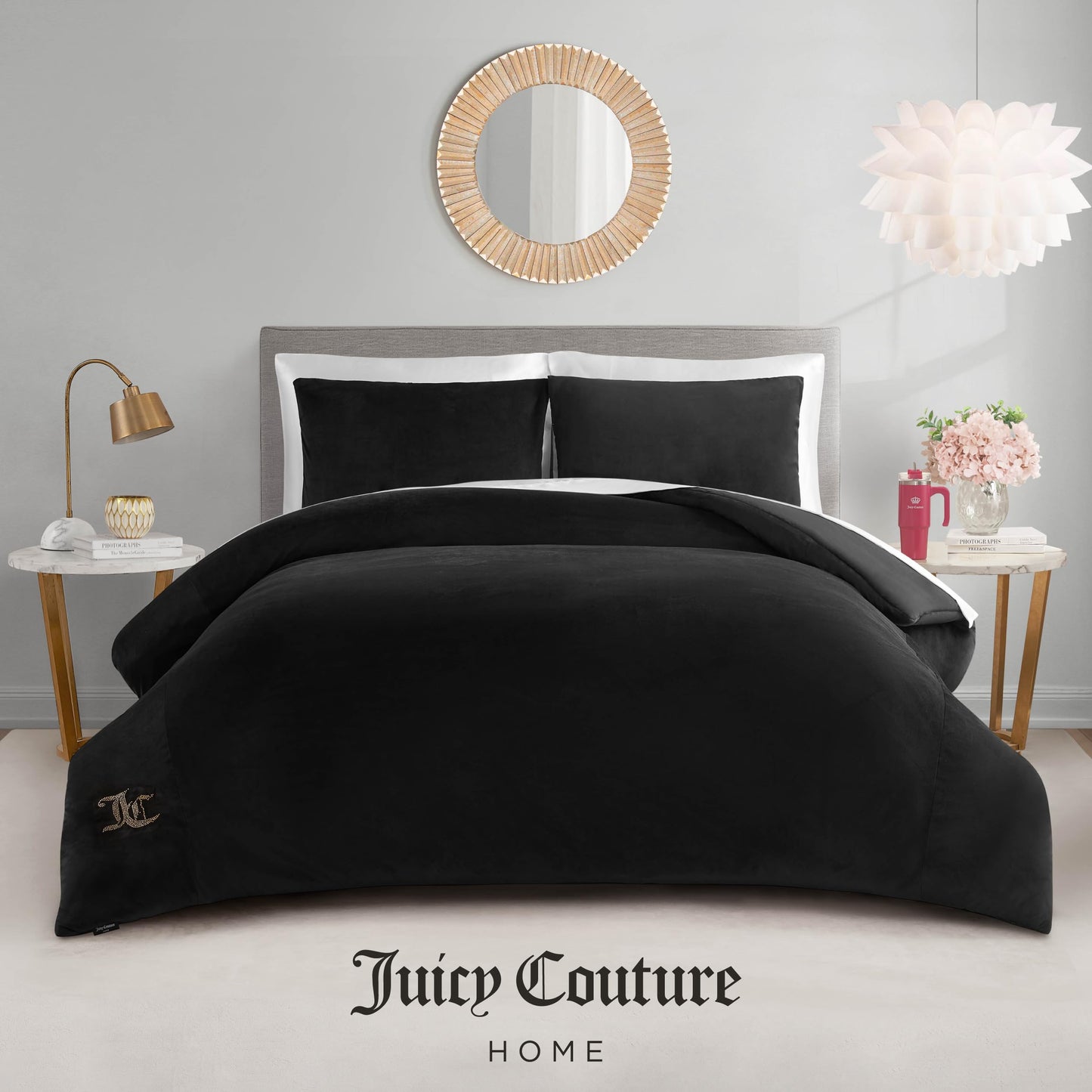 Juicy Couture Black Velour Full/Queen Comforter Set - 3 Piece Luxury Bedding Ensemble