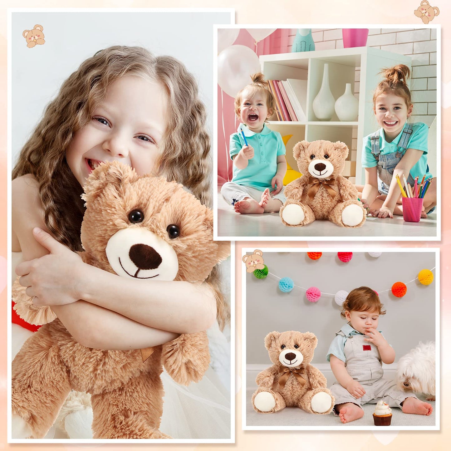 HyDren 12 Pieces Valentine‘s Day Bears Stuffed Animals Soft Plush Toy Bears for Birthday Party Easter Wedding Baby Shower Christian Charity Donation Supplies(Light Brown)
