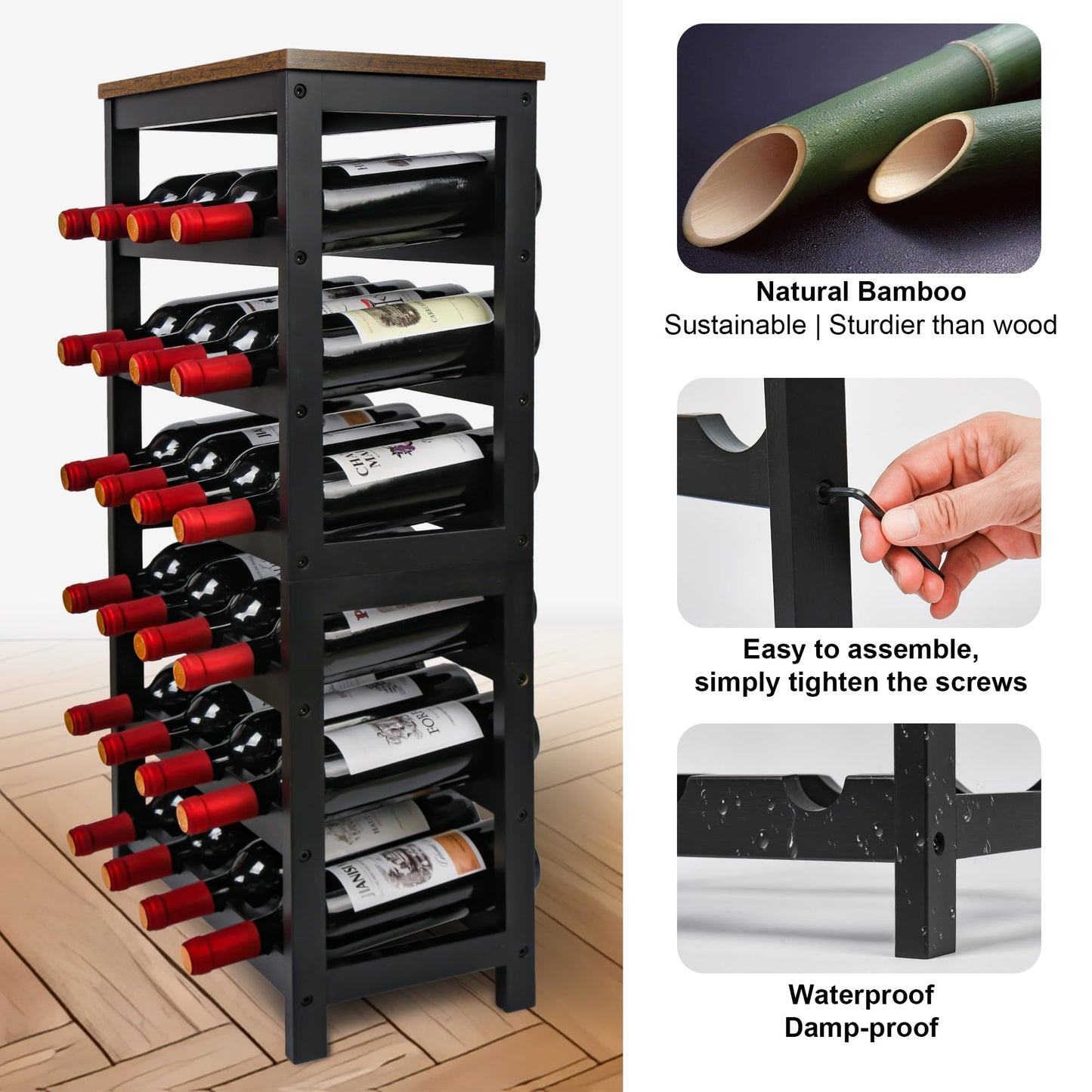 VASMIA Wine Rack Freestanding Floor, 6 Tier Bamboo Wine Storage Shelves with Table Top, 24-Botttle Wine Rack Shelf for Kitchen Bar Dining Room Living Room, Rustic Brown and Black