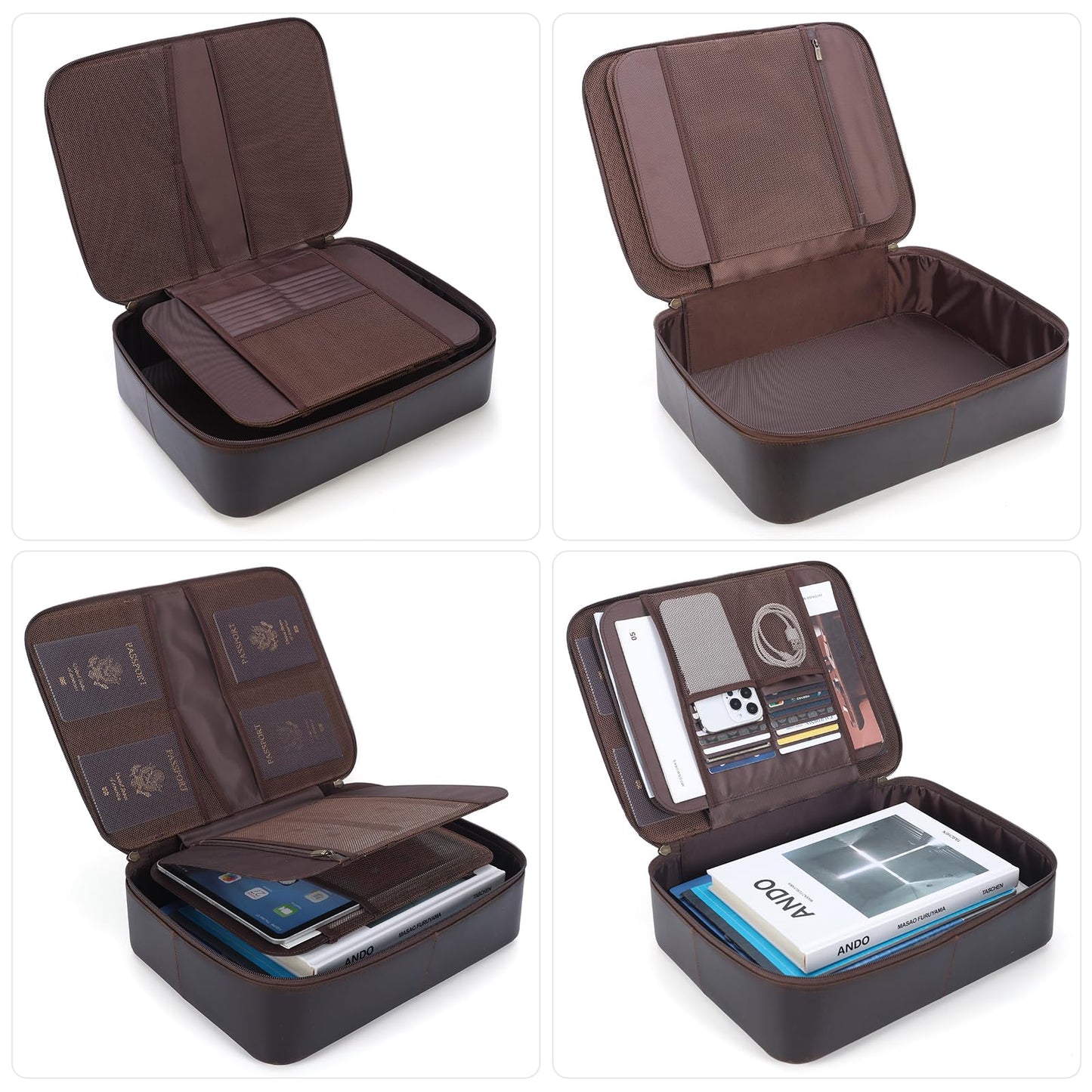 Polare Full Grain Leather Document Organizer Bag Storage Cabinet Box Portable Home Business Safe Folder with Lockable YKK Zipper