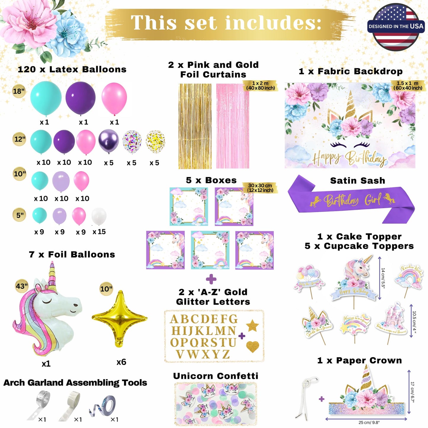 245 Pieces RainMeadow Unicorn Birthday Decorations for Girls Kit, All-in-1 Party Supplies Pack With Balloon Garland, Fringe Curtains, Foil Balloons, Backdrop, Crown, Sash - Pink, Purple, Teal, Gold