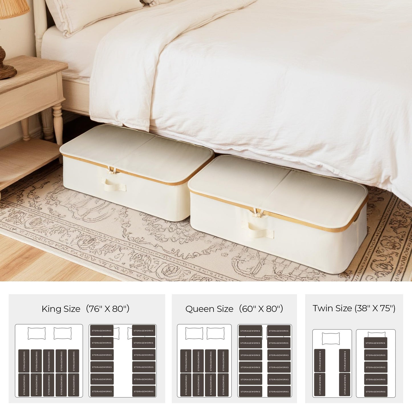 StorageWorks Underbed Storage Containers with Lids, 2-Pack 7" Low Profile Under Bed Storage Box with Bamboo Frame for Clothes, Bedding, Blankets and Shoes, 42L Sturdy Fabric Organizer, Beige