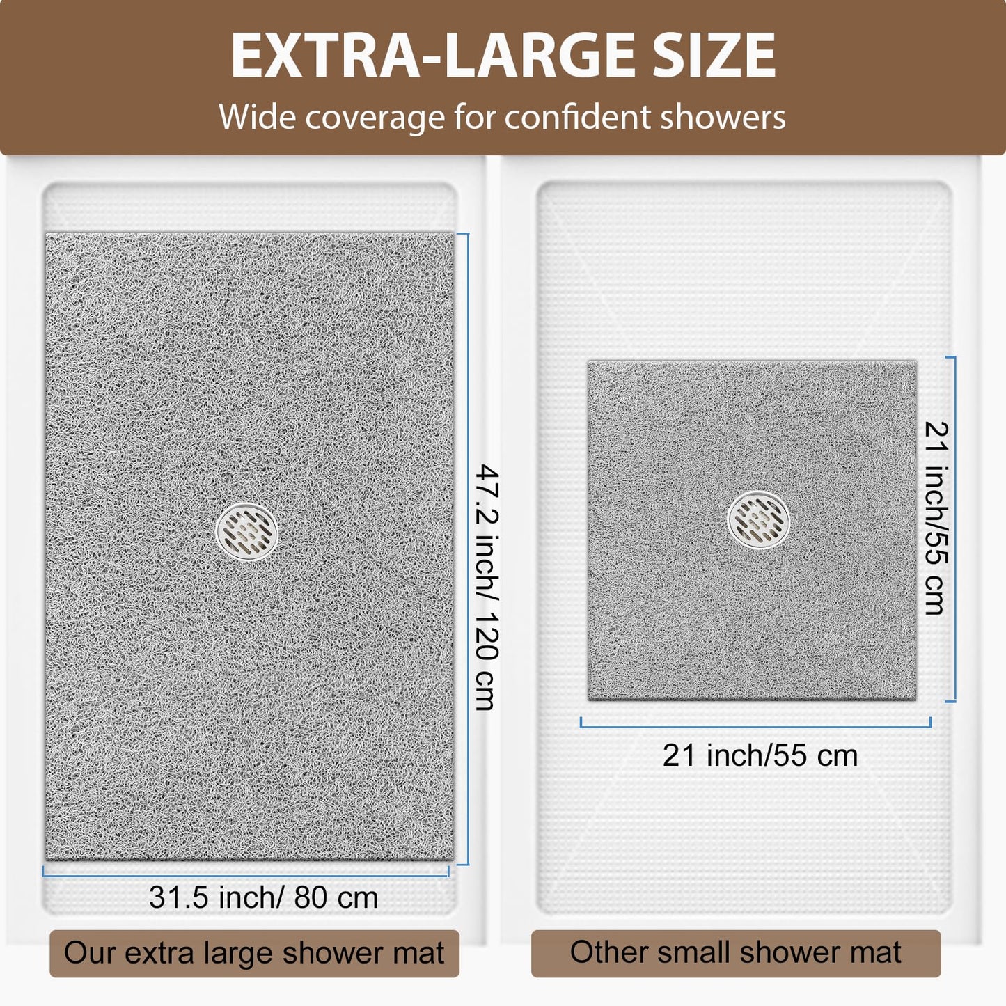 Extra Large Non Slip Shower Mat: 47.2x31.5 inch Loofah Shower Mat for Inside Shower with Drain Hole in Middle, Soft PVC Anti-Slip Shower Stall Mats for Bathroom,Wet Area, Quick Drying