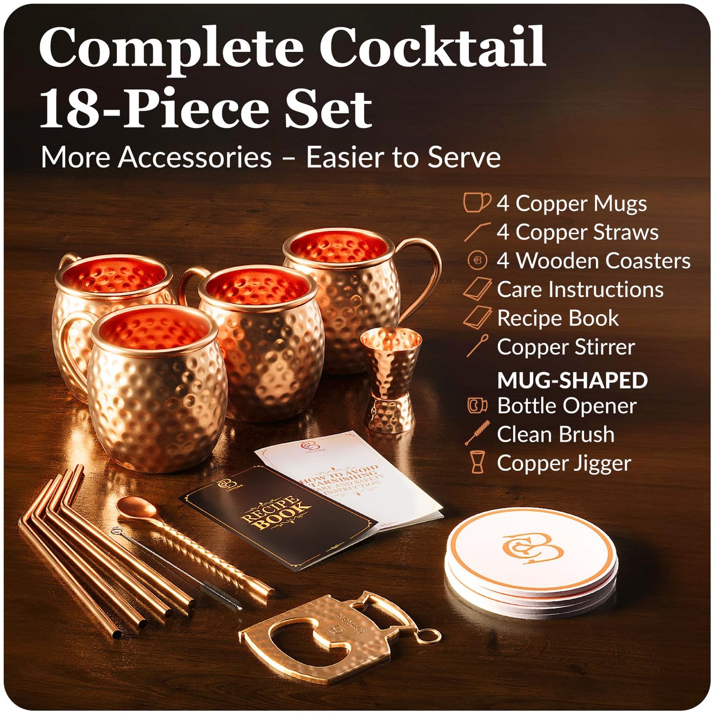 COPPER-BAR Moscow Mule Copper Mugs - Unique HANDCREFTED Gift Set of 4, Hammered by Artisan, 100% Pure Solid Copper Cups 16oz for Drinking Water & Cocktails, Include 18 Pcs accessories & Special Opener