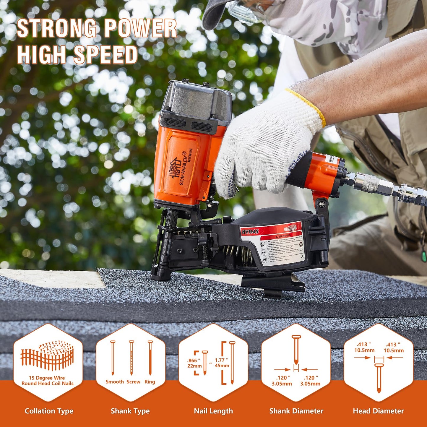 2025 Upgraded - NVH45 Roofing Nailer, Roofing Nail Gun For Roofing Constructions Accepts 15 Degree 7/8-Inch to 1-3/4-Inch Nails, 120-pcs Load Capacity High Speed, Durable Pneumatic Coil Nailer