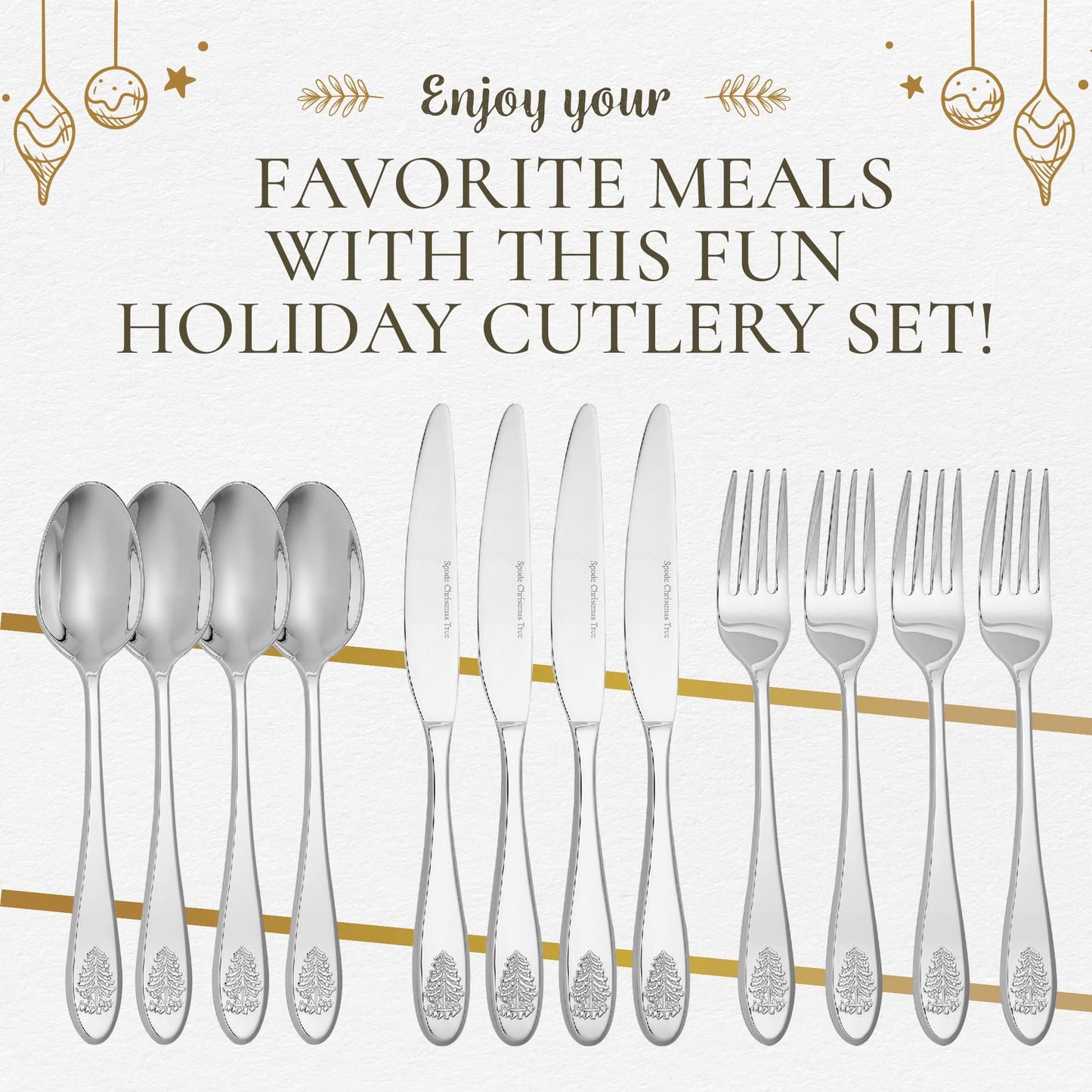 Portmeirion Spode Christmas Tree Collection Stainless Steel Flatware Set - Holiday Cutlery Set, 4 Dinner Forks, Salad Forks, Dinner Knives, Tablespoons, Teaspoons - 20 Piece