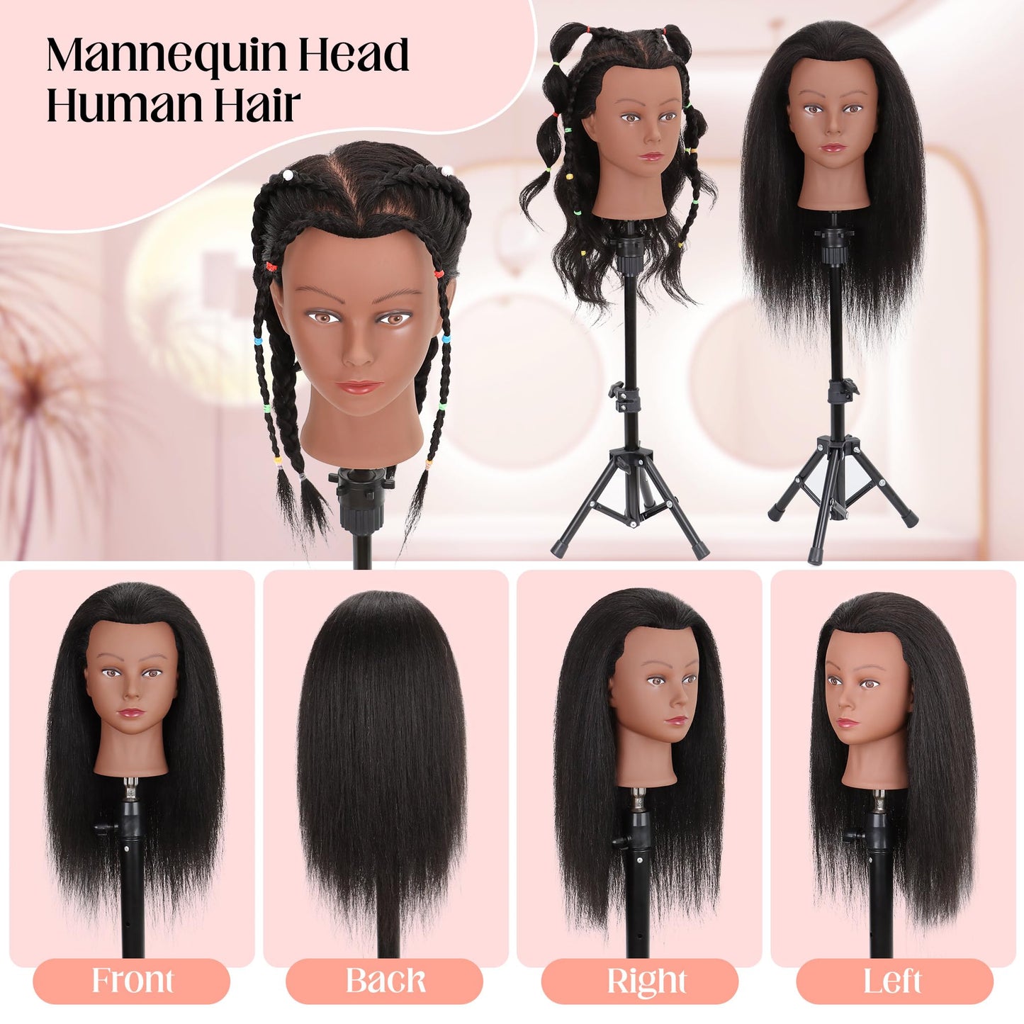 Mannequin Head Human Hair with Stand, 100% Real Human Hair Mannequin Head for Braiding, Hair Mannequin Head for Hair Styling with Stand Tripod