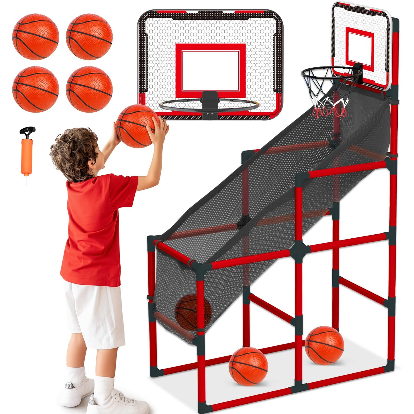TOY Life Arcade Adjustable Height Basketball Game, Easy to Install with 4 Balls and Hoop Set for Children Aged 3 to 12 Years, Sports Game for Indoor and Outdoor Use, Air Pump