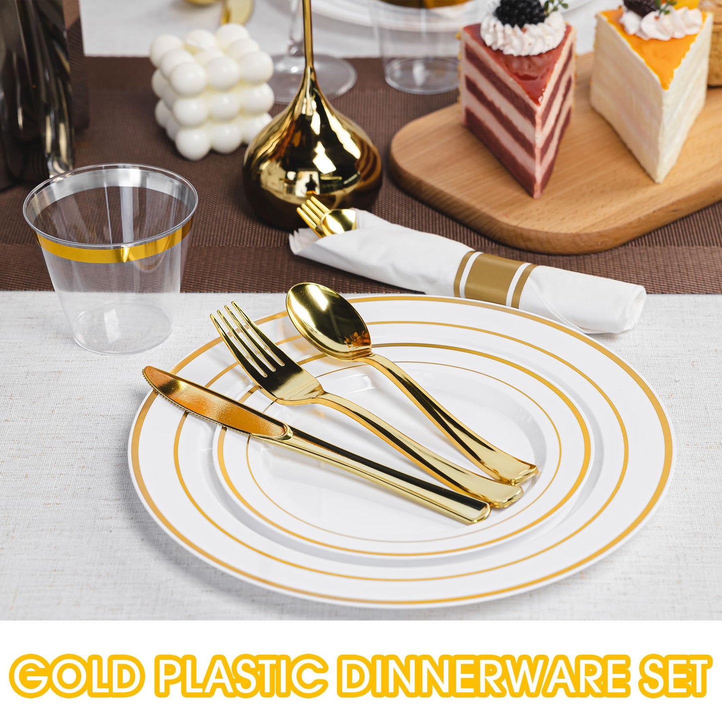 Ciselure 350PCS Gold Plastic Plates Dinnerware Set, Thanksgiving Disposable Plates, 50 Dinner and 50 Dessert Plates, 50 Pre Rolled Napkins with Silverware and 50 Cups for Party and Wedding