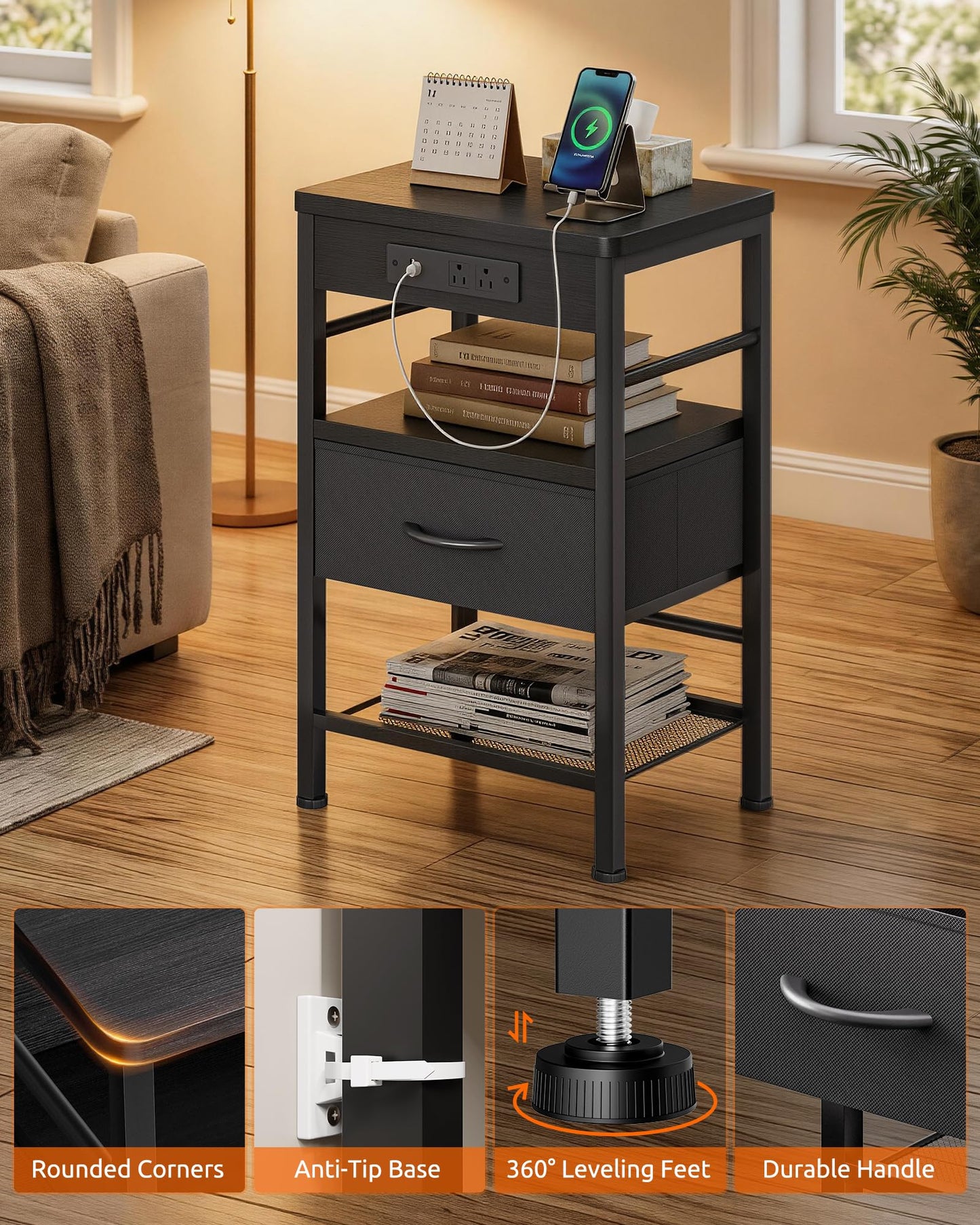 Lazzanto Nightstands Set of 2 with Charging Station, Bedside Tables with Open Shelf & Hooks, End Tables with USB-C USB-A Ports AC Outlets, Night Stand for Bedroom with Fabric Drawer, Black