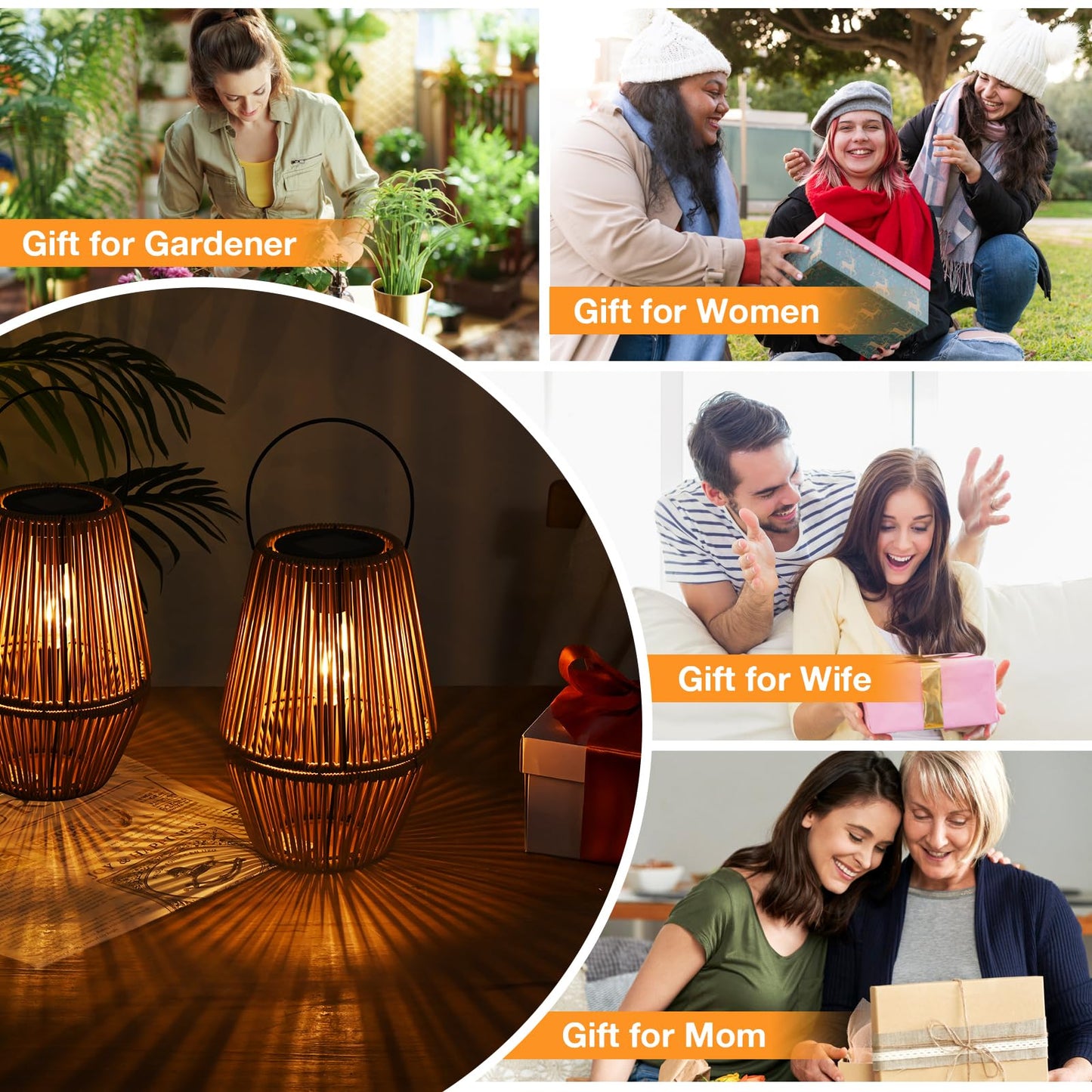 Uspring 2 Pack 3-in-1 Solar Lanterns Outdoor Waterproof Rattan Woven Hanging Solar Lights for Outside with Bright Lamp & LED Bead & 4 Handles, Garden Gifts Decor for Women Mom Patio Yard Porch