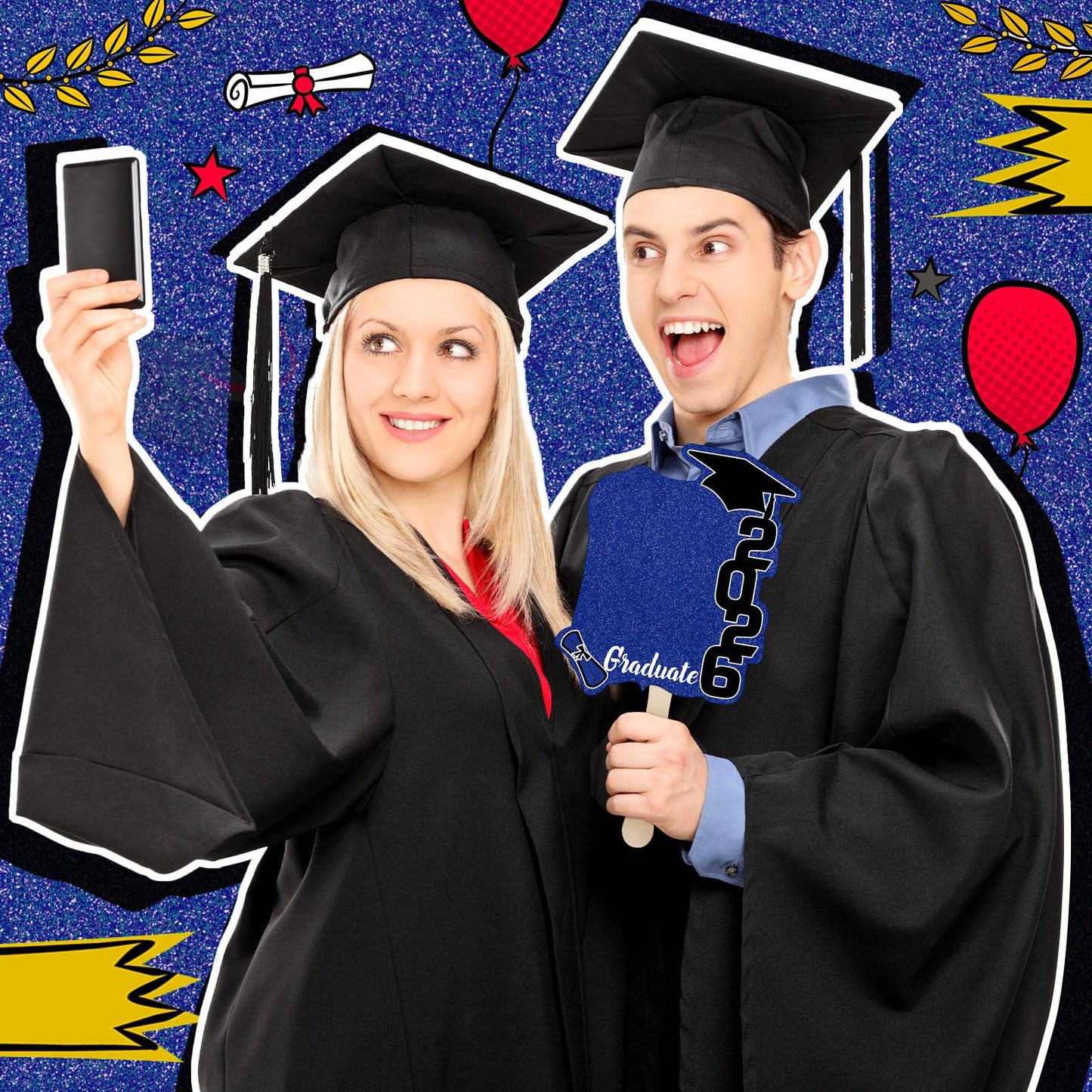 Gilprop 24 Pcs Graduation Cutout Face Fans with Handle Double Sided Personalized Grad Party Supplies Class of 2026 Grad Photo Props Blank DIY Photo Frame Graduation Party Souvenirs