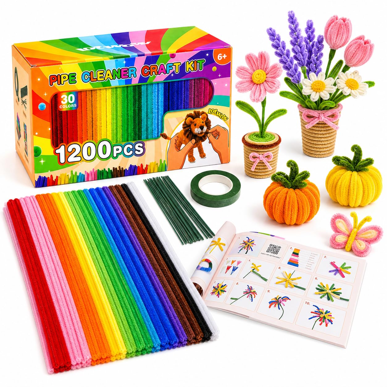 LOTWOW 1200PCS Pipe Cleaners Bulk 30 Colors, 18 DIY Projects & Video Guides