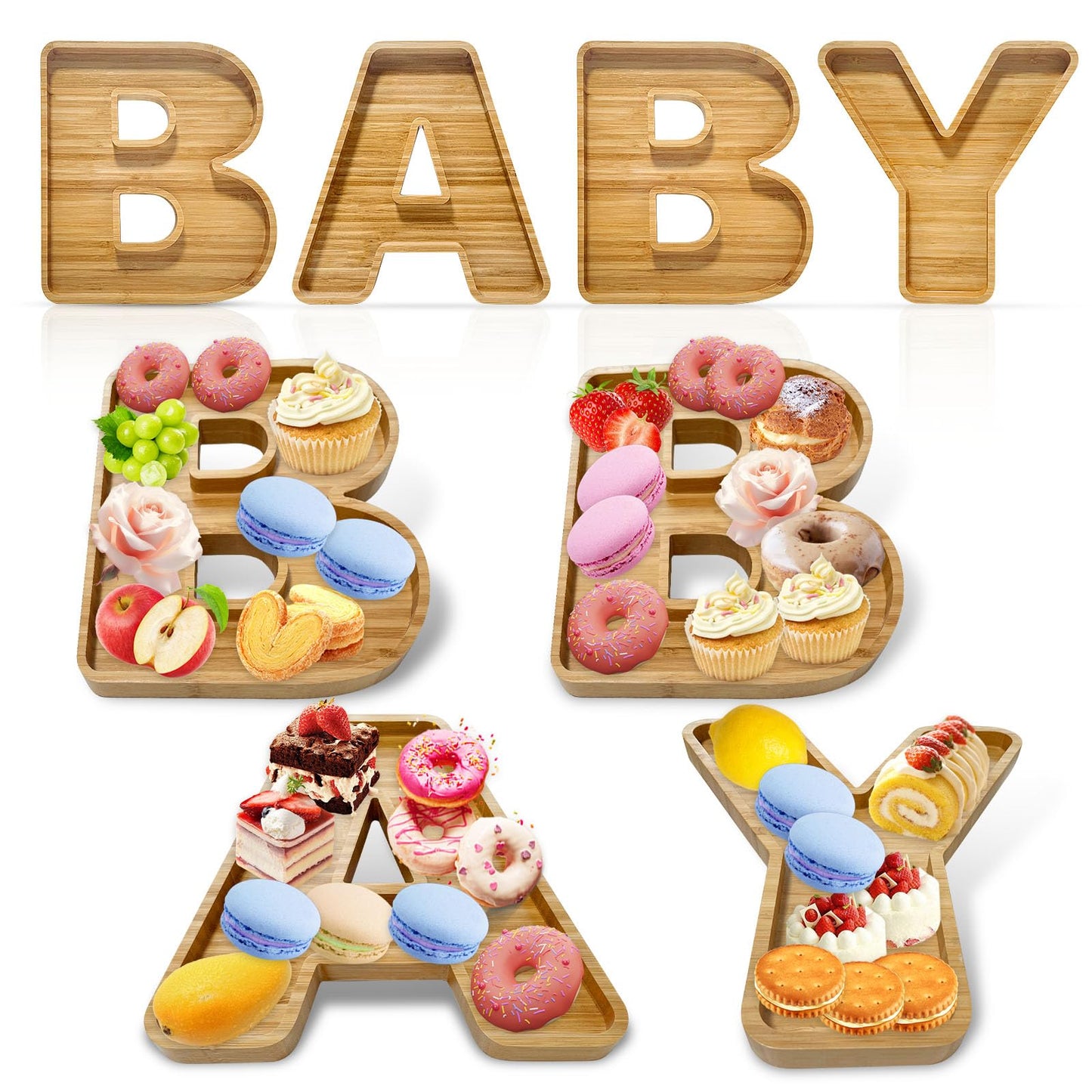 4Pcs Baby Shower Wooden Charcuterie Baby Shaped Letter Serving Tray Board Dish Decorative Platter for Snack Food Cake Cookies for Baby Shower Birthday Party(Wood)