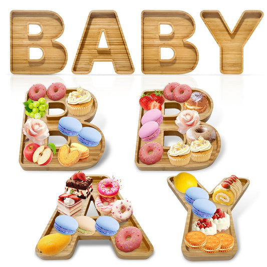 4Pcs Baby Shower Wooden Charcuterie Baby Shaped Letter Serving Tray Board Dish Decorative Platter for Snack Food Cake Cookies for Baby Shower Birthday Party(Wood)