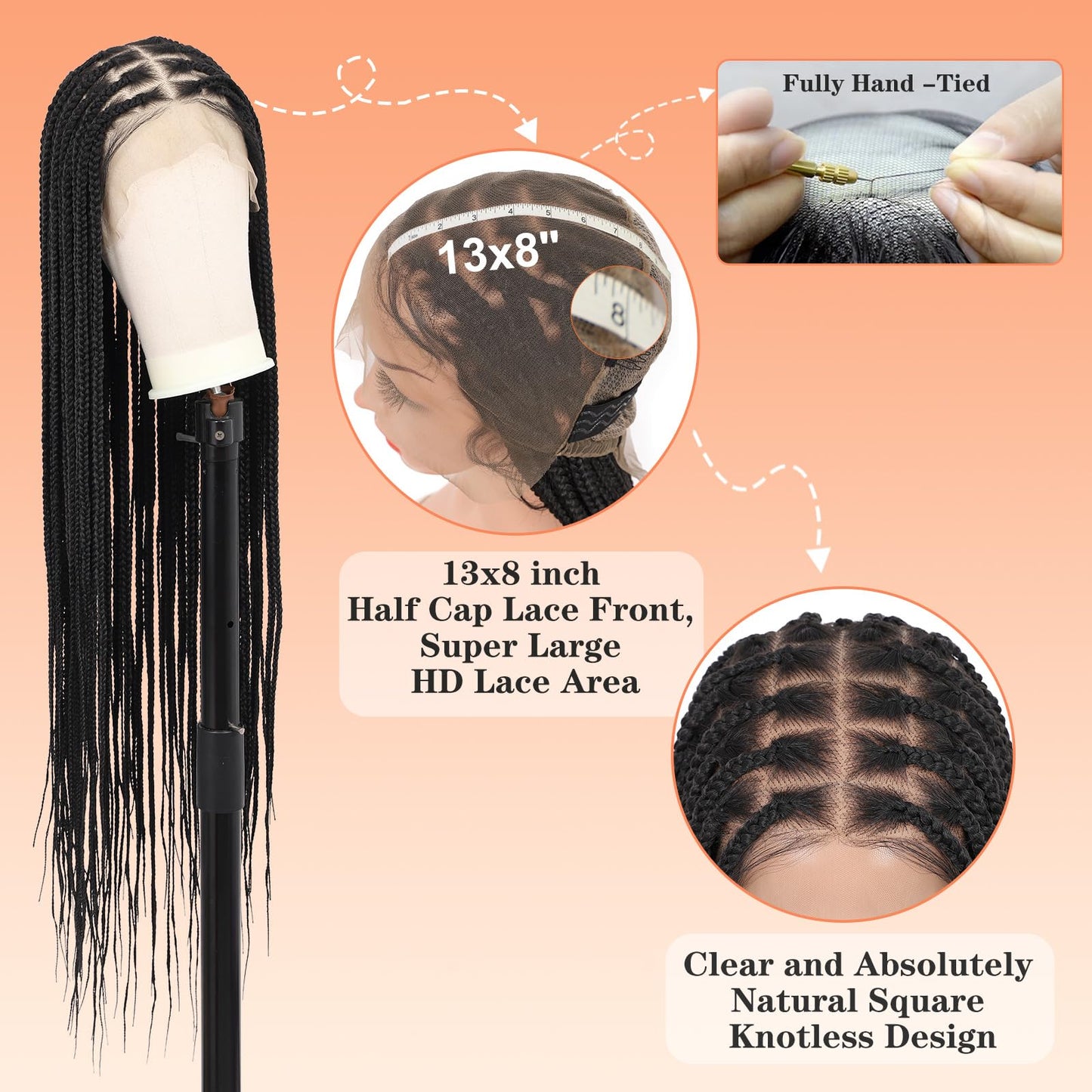 Brinbea 36'' 13X8" HD Lace Front Knotless Braided Wigs for Women Box Braid Wig with Baby Hair Braided Lace Front Wigs Human Hair Blended Braid Wig Natural Long Black
