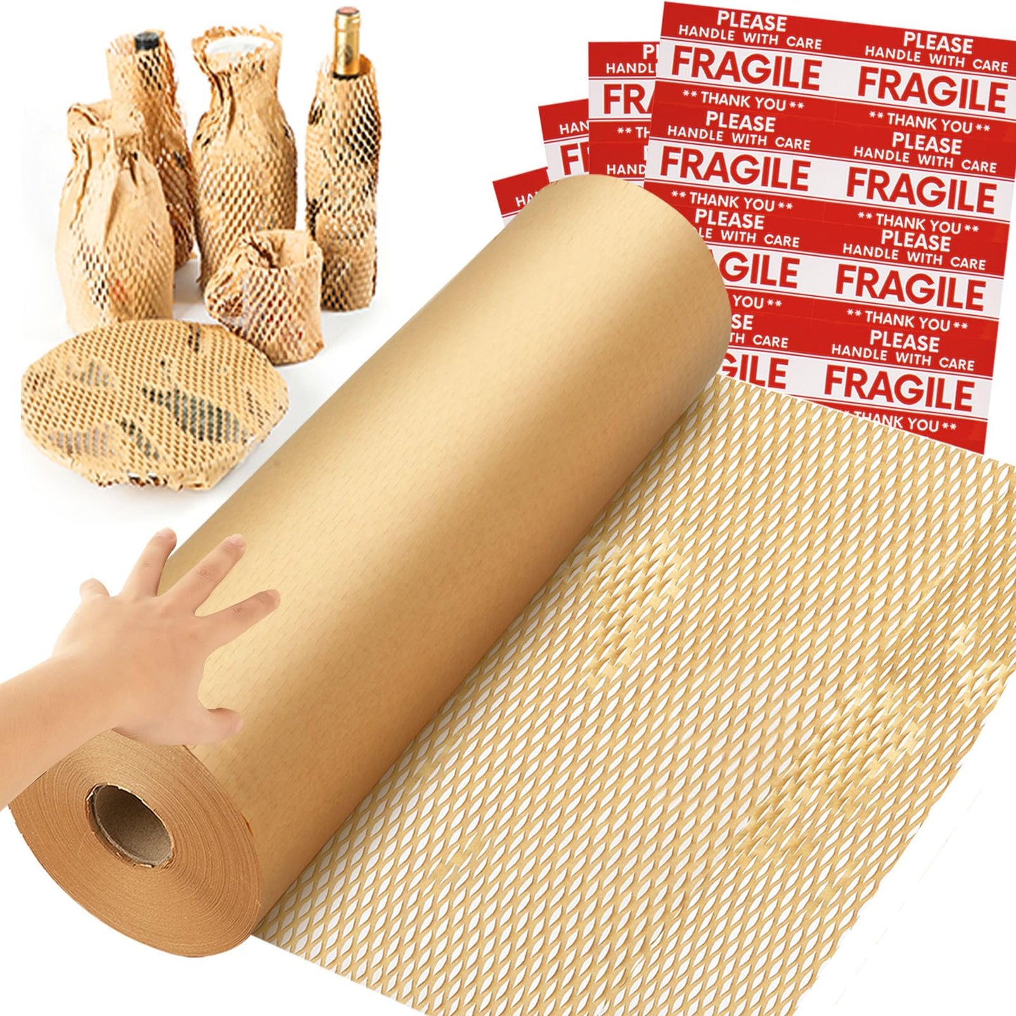 NAPALOOK Honeycomb Packing Paper Wrap 15''x600', Substitute Alternative for Bubble Cushioning Wrap for Moving Shipping Packaging, Recyclable Moving Supplies with 48 Fragile Sticker Labels