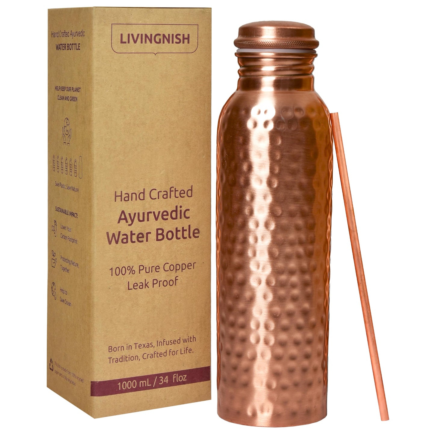 LIVINGNISH Premium Pure Copper Water Bottle for Drinking – Extra Large 34 Oz Wide Mouth, Hammered Ayurvedic Copper Water Bottle with Straw – Handcrafted Leak-Proof Vessel, Reusable & BPA-Free