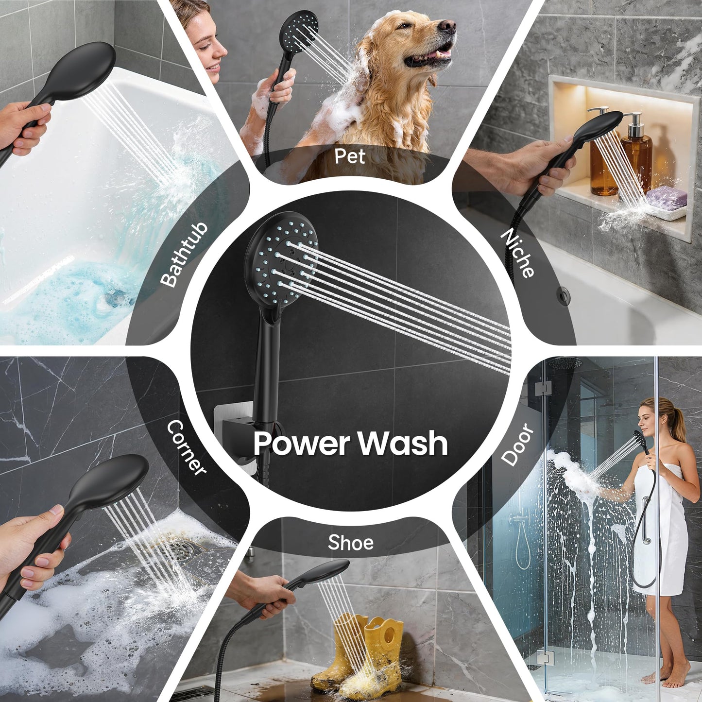 Veken High Pressure Rain Shower Head with Handheld, Multi-Functions Square Rainfall Shower Heads with 5-Mode Handheld Spray Combo, Detachable Hand Held Showerhead, Dual Matte Black Regaderas Para