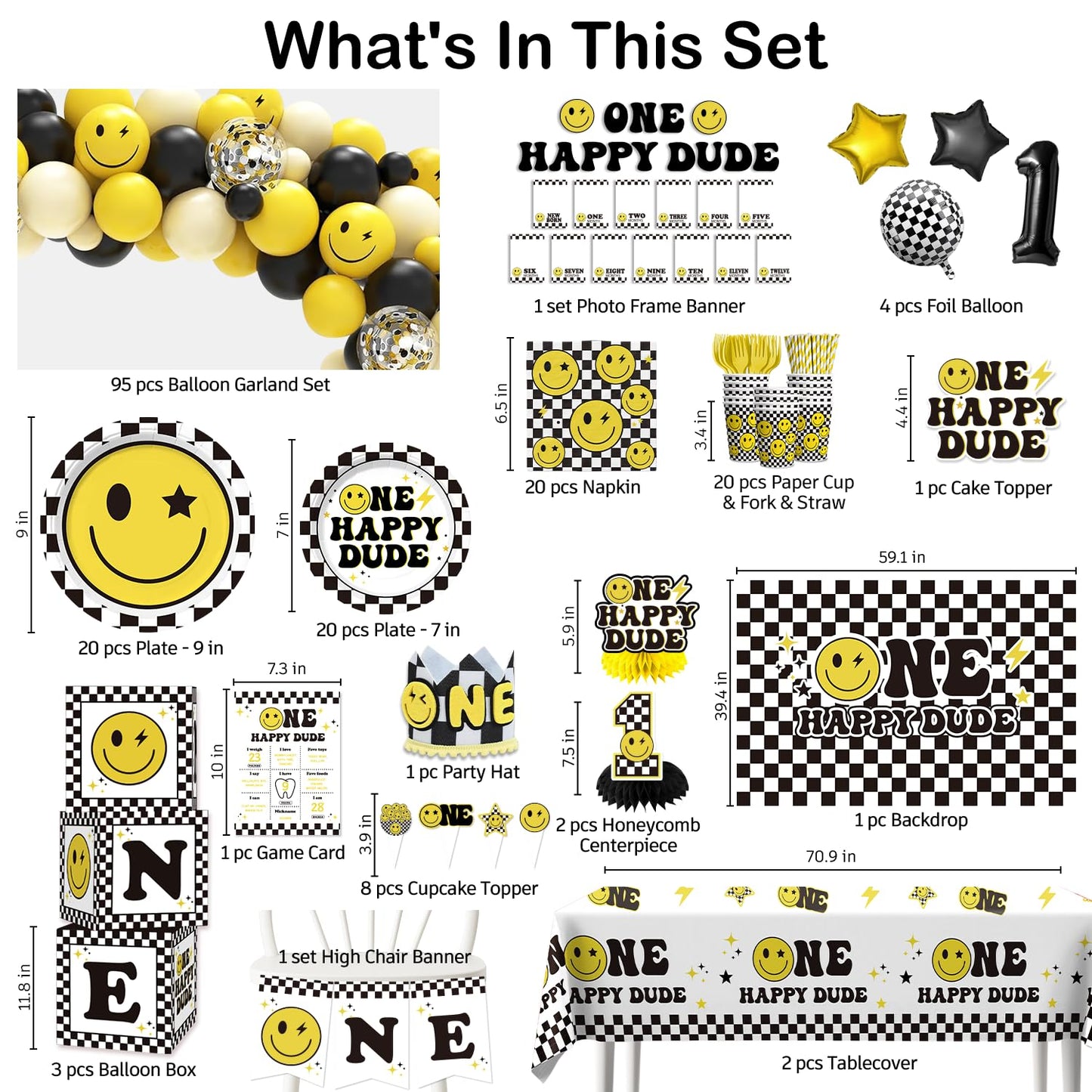 wellspar 245pcs One Happy Dude Birthday Decorations, All-in-1 One Happy Dude Supplies Pack with 20pcs Plates, Napkins, 2pcs Tablecloth, Balloon Arch for First Birthday Decorations for Boy, 20 Guests