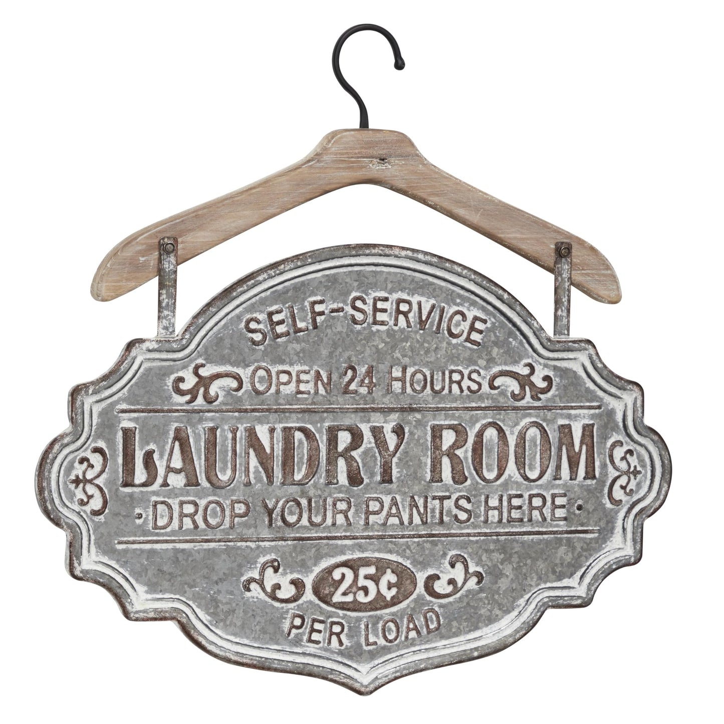 Deco 79 Metal Sign Home Wall Decor Laundry Room Wall Sculpture with Brown Wood Hanger, Wall Art 22" x 1" x 22", Gray