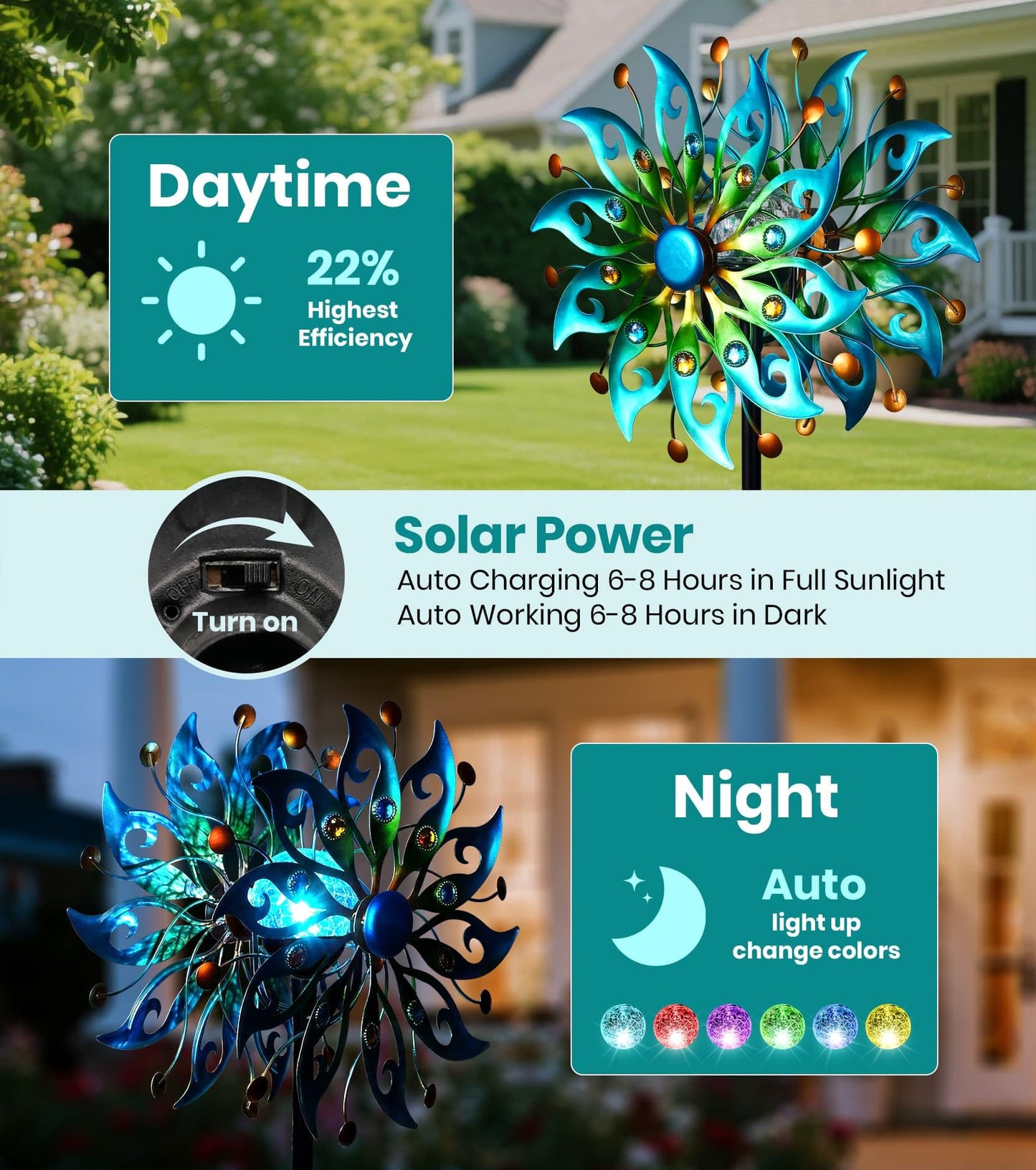VUFOZ Solar Wind Spinners Outdoor, Metal Kinetic Garden Art, Peacock Decor