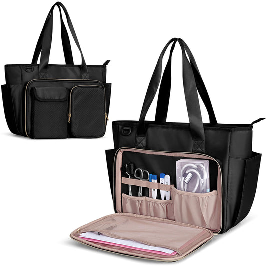 Fasrom Nurse Bag for Work with 15.6 Inches Laptop Sleeve, Medical Bag Tote to Hold Nursing Clinical Essentials for Home Health Nurses, Black(Patent Design, Empty Bag Only)