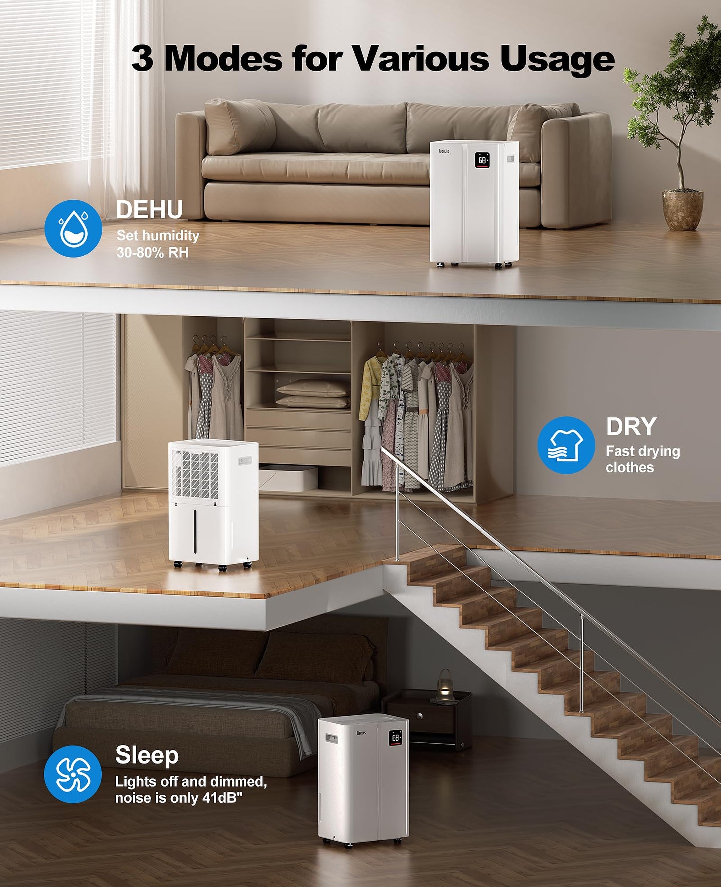 4500 Sq. Ft Dehumidifier for Basement, Lienuis 50 Print Dehumidifiers for Home with Drain Hose, Auto or Manual Drainage, Humidity Control, Dry Clothes Function, 24H Timer,1.06 Gallon Water Tank