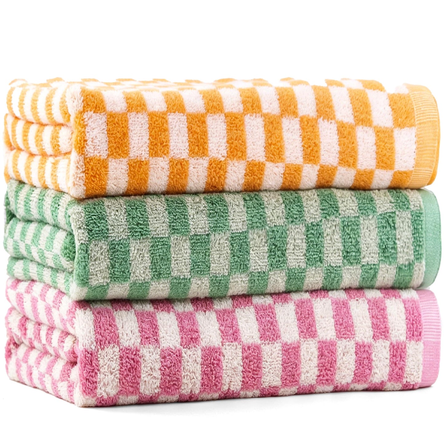 CinGiiCo Checkered Bath Towels Set of 3, 100% Cotton Bath Towels Large, 600GSM, 55 * 28 in, Luxury Shower Towels for Bathroom, Soft Absorbent Quick-Dry（Orange+Dark Green+Pink）