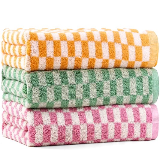 CinGiiCo Checkered Bath Towels Set of 3, 100% Cotton Bath Towels Large, 600GSM, 55 * 28 in, Luxury Shower Towels for Bathroom, Soft Absorbent Quick-Dry（Orange+Dark Green+Pink）