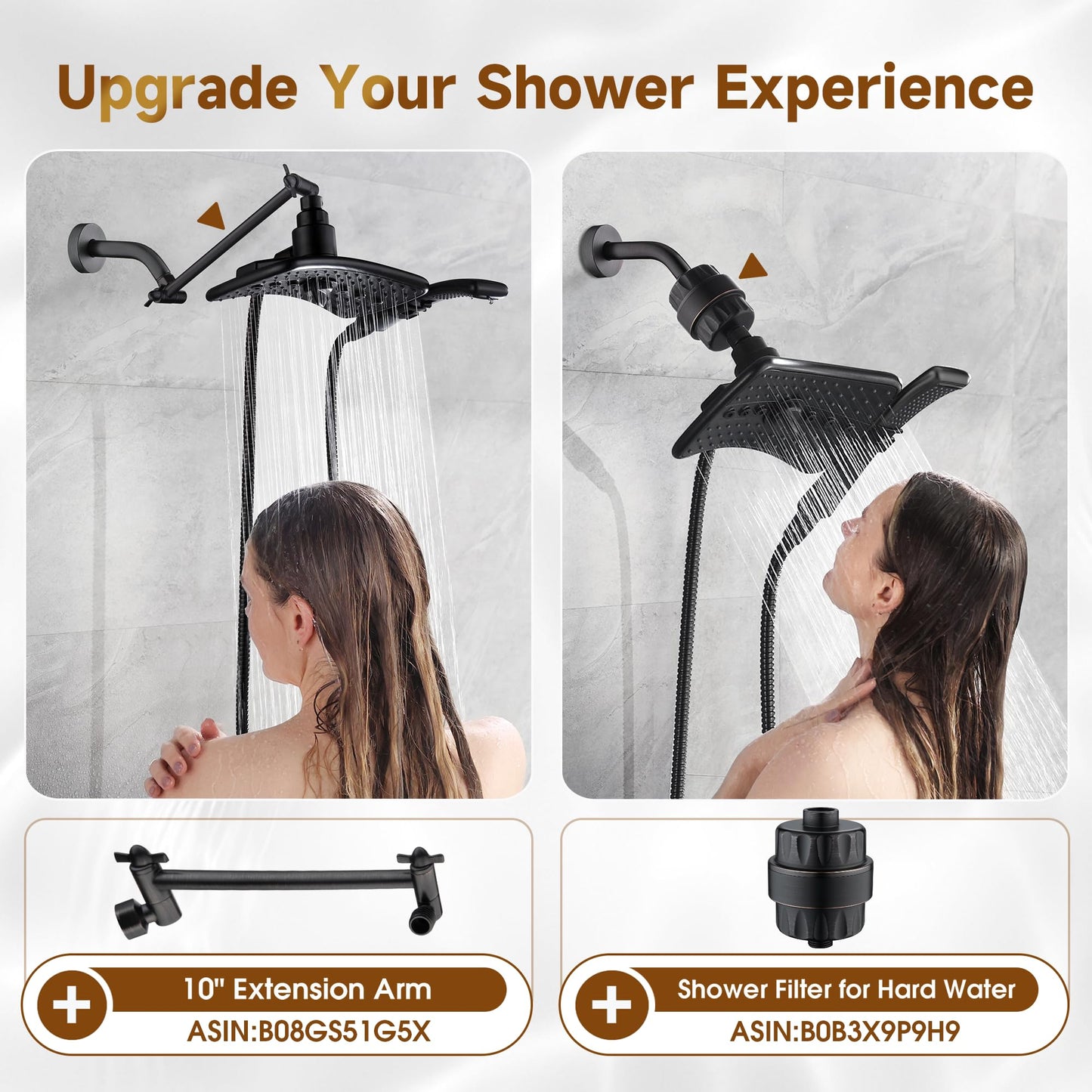 BRIGHT SHOWERS High Pressure Dual Shower Head Combo with Rainfall & Handheld, 4 Spray Settings, Tool-Free Installation, 60" Stainless Steel Hose, Matte Black