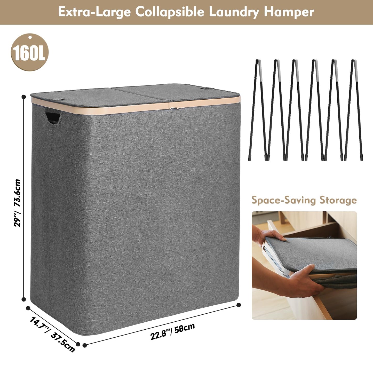 DOKEHOM 160L Extra Large Laundry Hamper with Lid, 2-Section Double Laundry Basket with Removable Mesh Liner Bags, Collapsible Clothes Sorter for Family, Bedroom, Laundry Room, Dark Grey