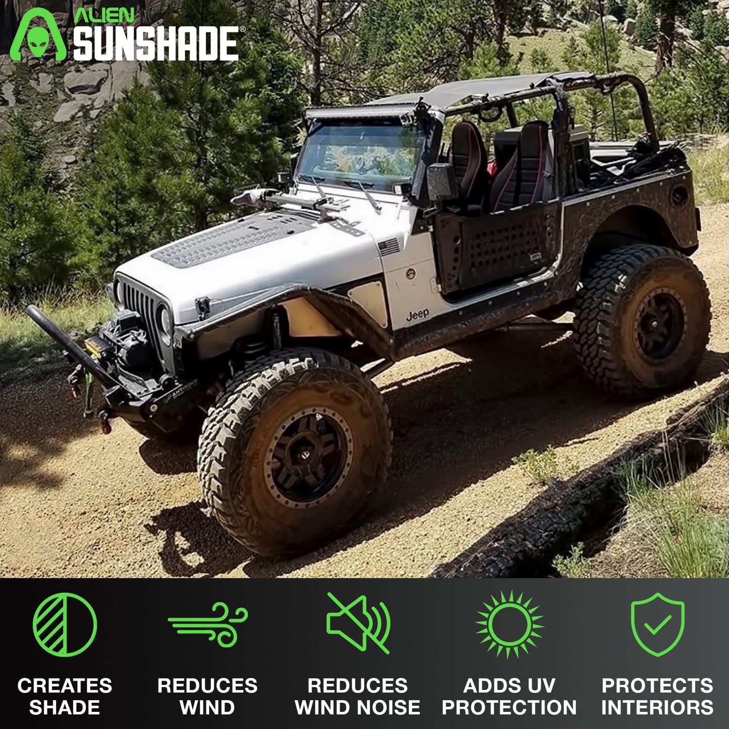 Alien Sunshade Jeep Wrangler TJ Sun Shade (1996-2006) & YJ (1987-1995) Jeep Wrangler Accessories, Full Length Mesh Sun Shade for TJ & YJ 2 Door, Blocks UV, Wind, Noise, Bikini Top Cover (Black)
