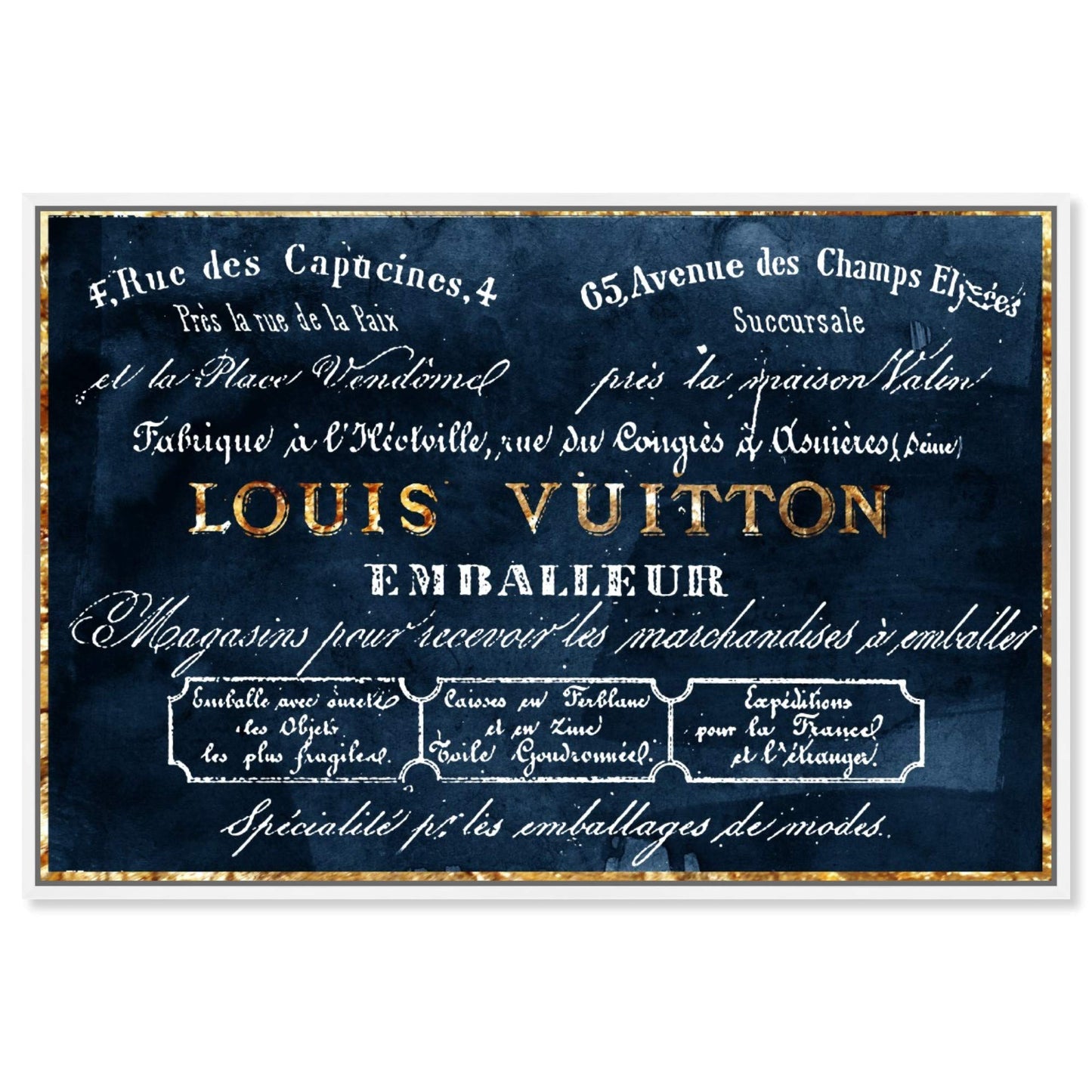 The Oliver Gal Artist Co. Fashion and Glam Framed Wall Art Canvas Prints 'Emballeur Navy' Road Signs Home Décor, 15 in x 10 in, Blue, Gold
