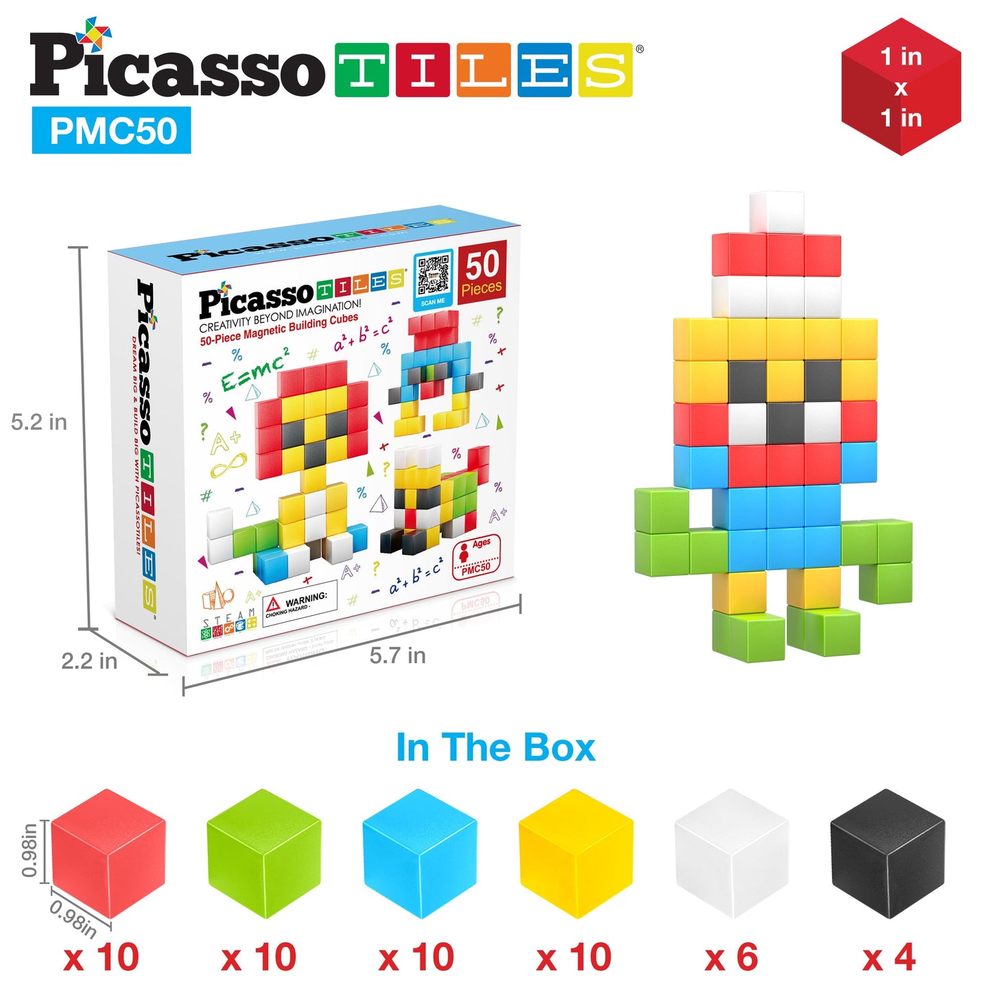PicassoTiles Magnet Cube Building Blocks 54 Pieces 1.2" 3CM Magnetic Cubes Toy Construction Building Educational Sensory Toys with Idea Booklet for School & Preschool Kids Boys Girls Toddlers PMC301