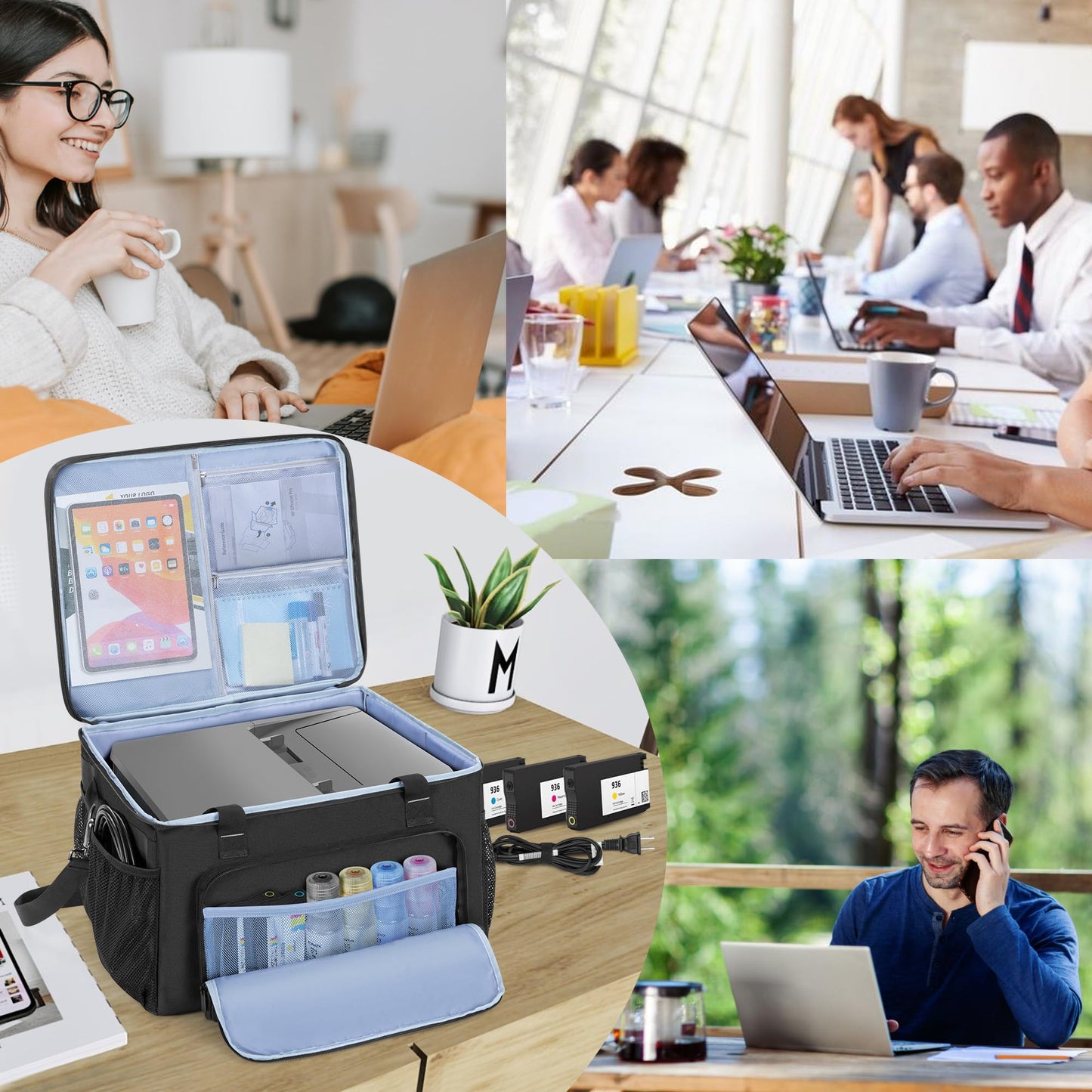 Yarwo Printer Carrying Case Compatible with HP OfficeJet Pro/DeskJet/Smart-Tank, Padded Office Printer Storage Bag with Base Board and Dividers for Ink, Paper and Office Supplies (BAG ONLY)