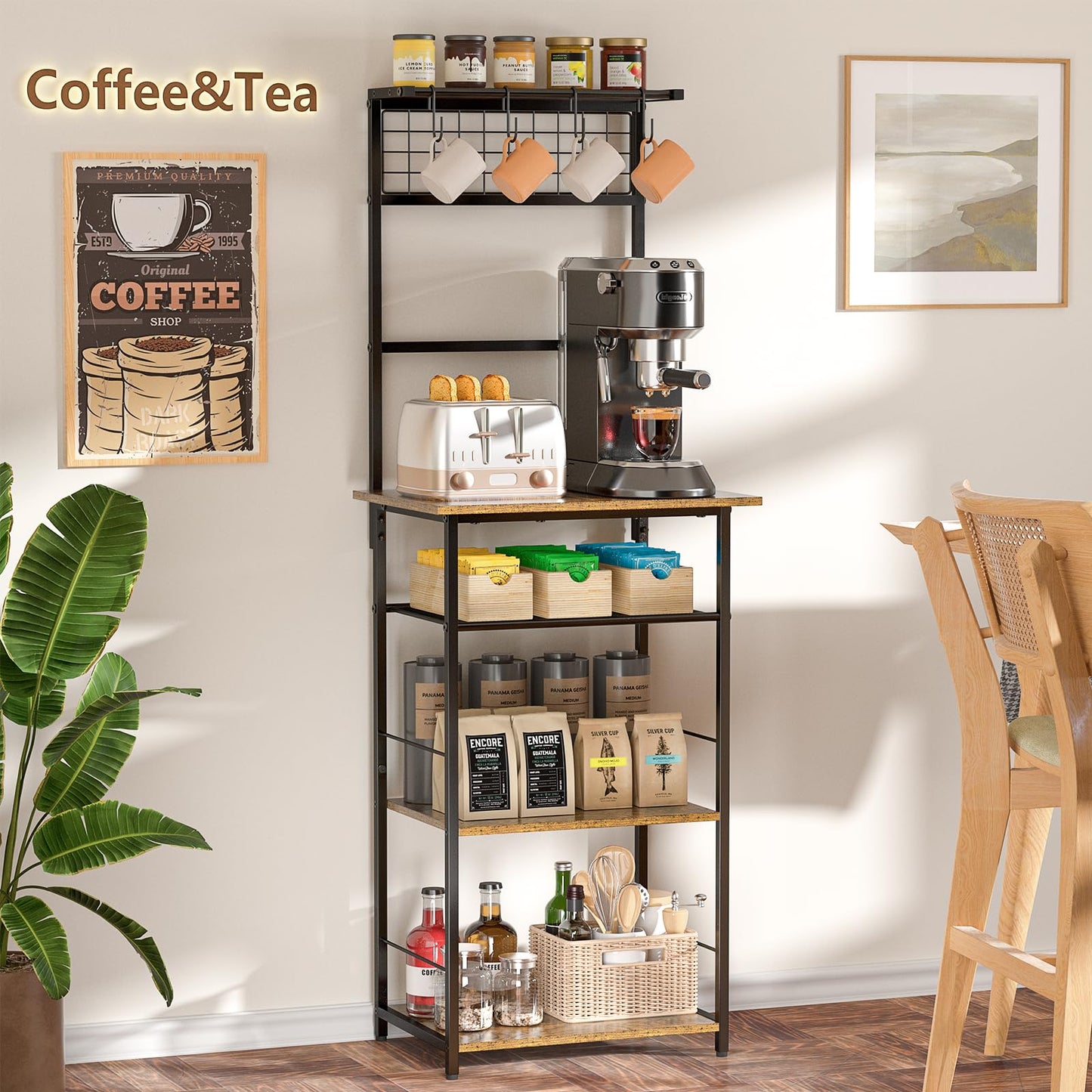 5 Tier Coffee Bar Station, Kitchen Stand with 4 S-Shaped Hooks, Farmhouse Corner Coffee Bar Cabinet for Small Spaces, Bakers Rack for Kitchen, Entryway, Living Room, 13.43" D x 18.93" W x 53.31" H