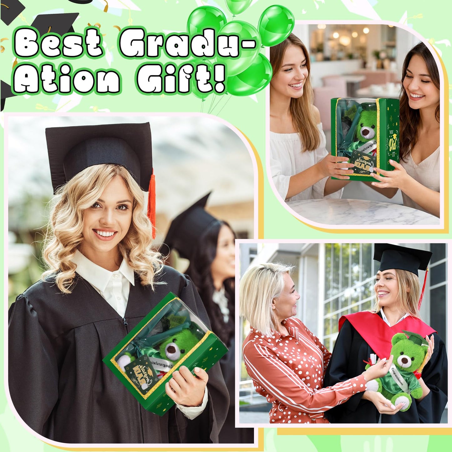 Hollowfly Graduation Bear Gifts Set Include Graduation Bear of 2026 Stuffed Animal with Cap and Gown, Artificial Flower, Graduate Gift Box with Window and Greeting Card for Him or Her(Green)