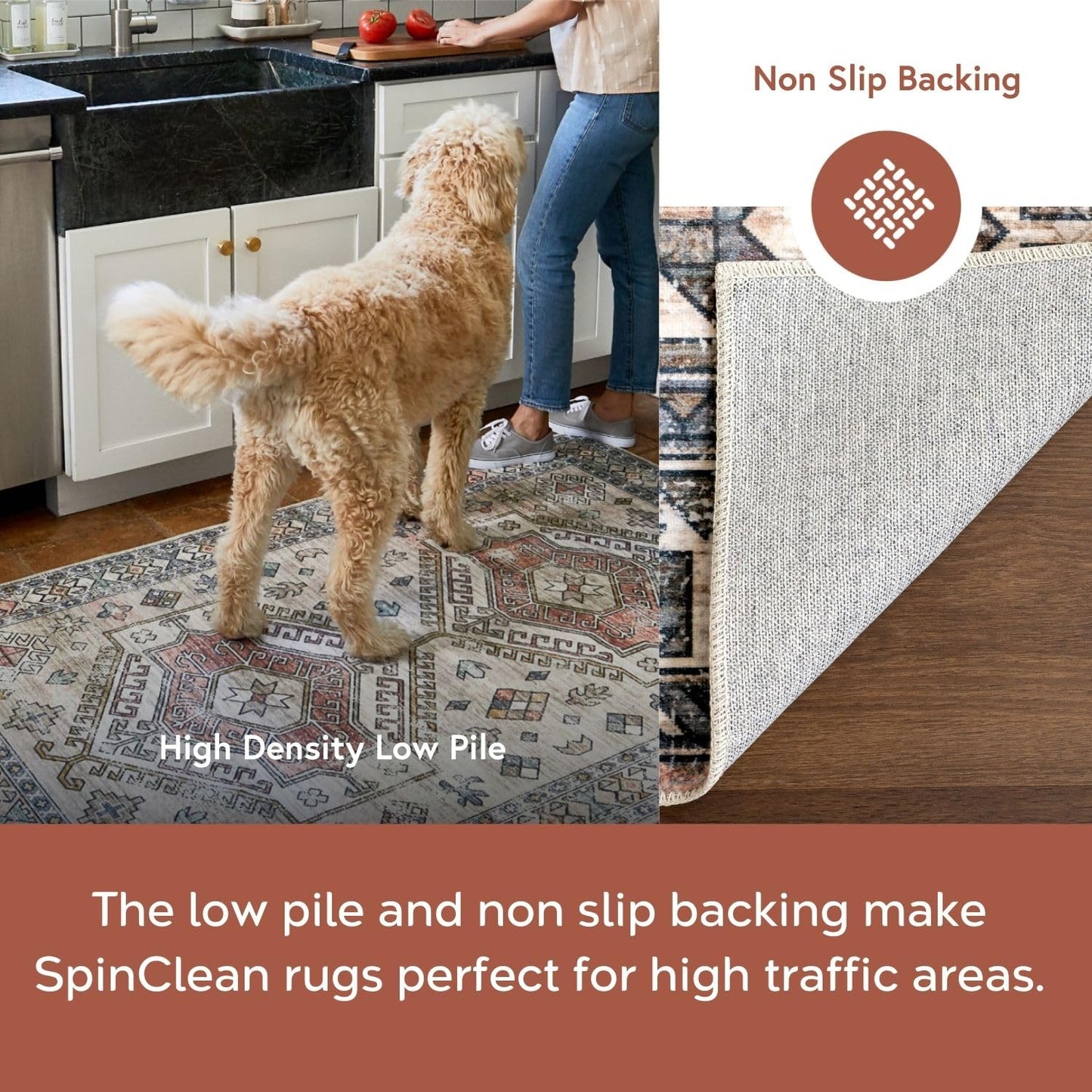 nuLOOM 4' x 6' Machine Washable Stain-Resistant Area Rug with Non Slip Backing, Low Profile for Living Room, Bedroom, and Dining Room, Bowie Rust