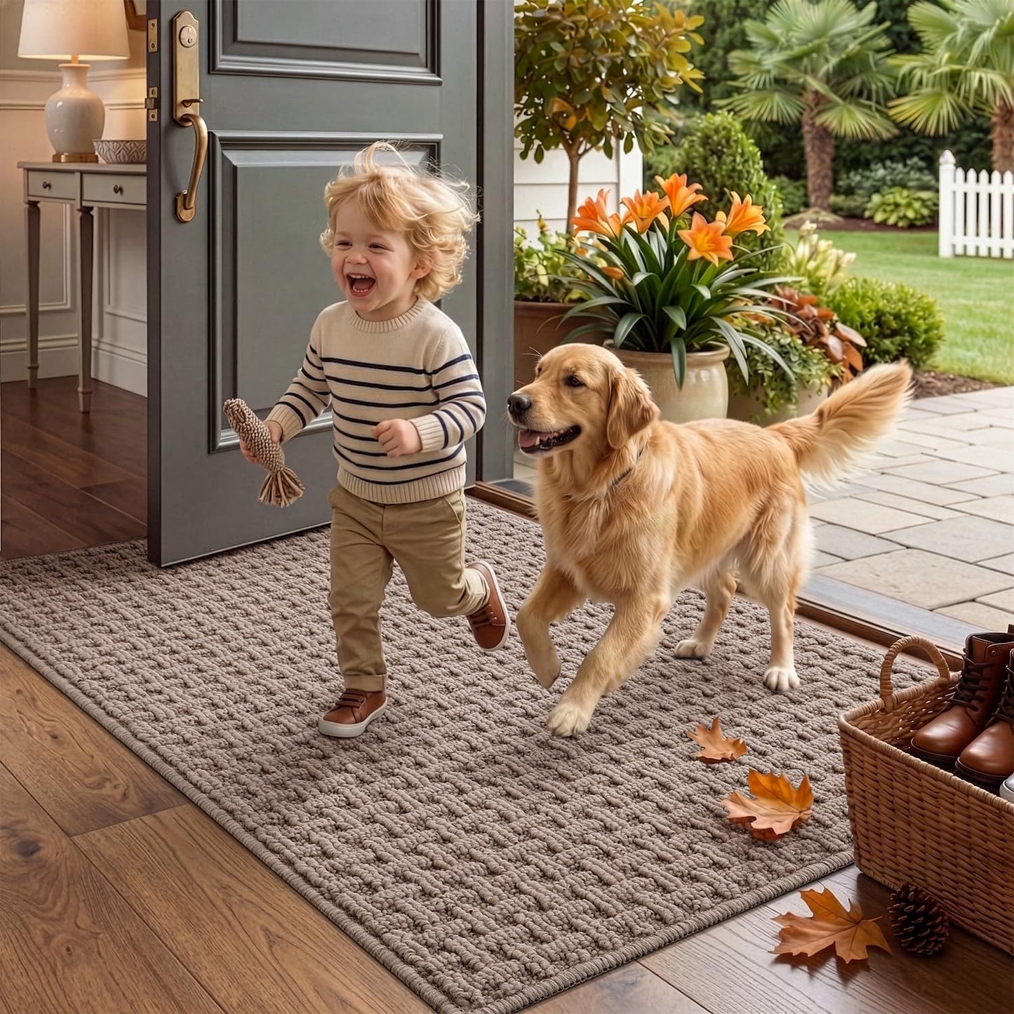 LUMI Washable Door Mat Indoor Entrance 32x48, Dirt Trapper Front Door Mats with Absorbent Interior and Non-Slip Rubber Backing, Entryway Doormat, Beige