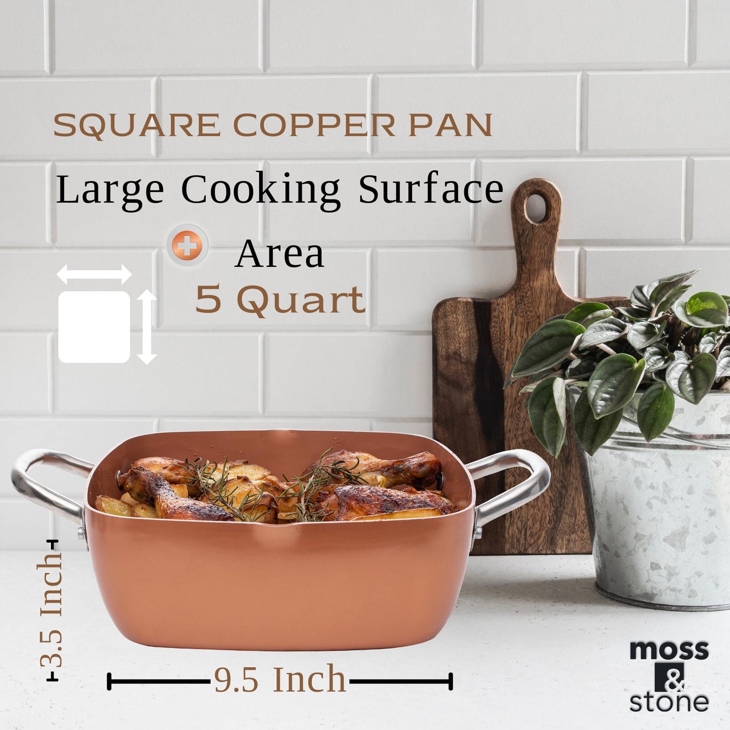 Moss & Stone 6 Pcs Copper Chef Cookware Non Stick Deep Frying Pan 9.5" x 3.5", Fry Basket, Steamer Rack, Dishwasher & Oven Safe, 5 Qt Deep Square Pot & Non Stick Pan, Induction Copper Cookware Set