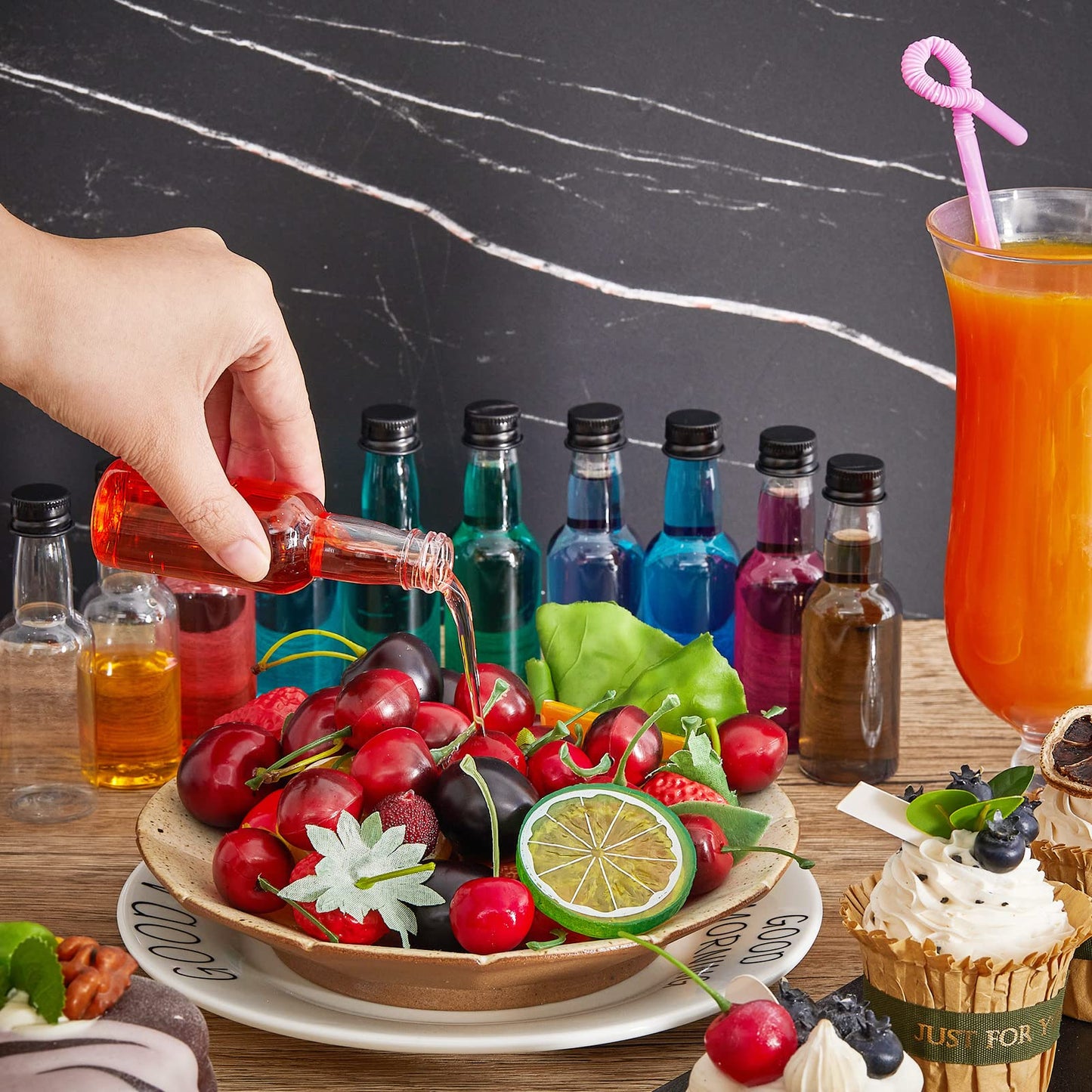 208 Mini Liquor Bottles 1.7 oz Plastic Mini Empty Spirit Bottle with Black Screw Cap Small Wine Hot Sauce Container with Caps Liquid Funnel Easy Pouring Party