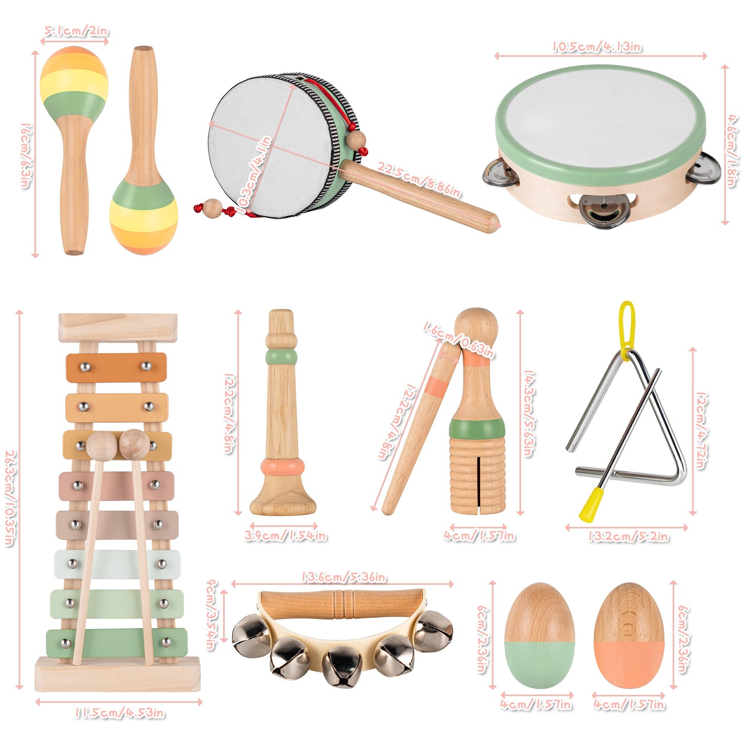 VINJOE Montessori Wooden Musical Instruments for 1-3 Years Old Kids Neutral Colors Early Learning Musical Instrument Set