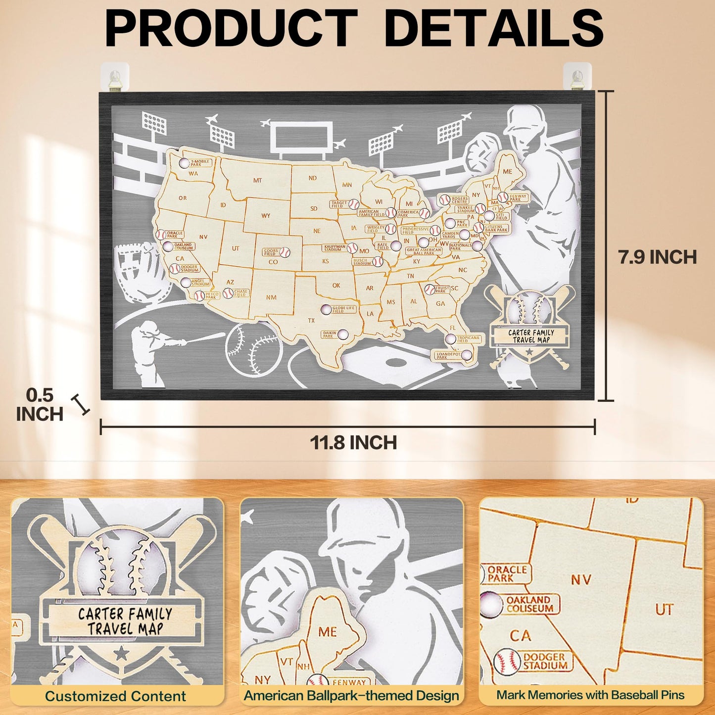 Baseball Stadium Map,USA Travel Map with Pins,Baseball Decor,Sports Memorabilia US Ballparks Travel Tracker,United States Maps for Wall,Baseballs Gift for Men Boys MLB Fans Baseballism (Gray)