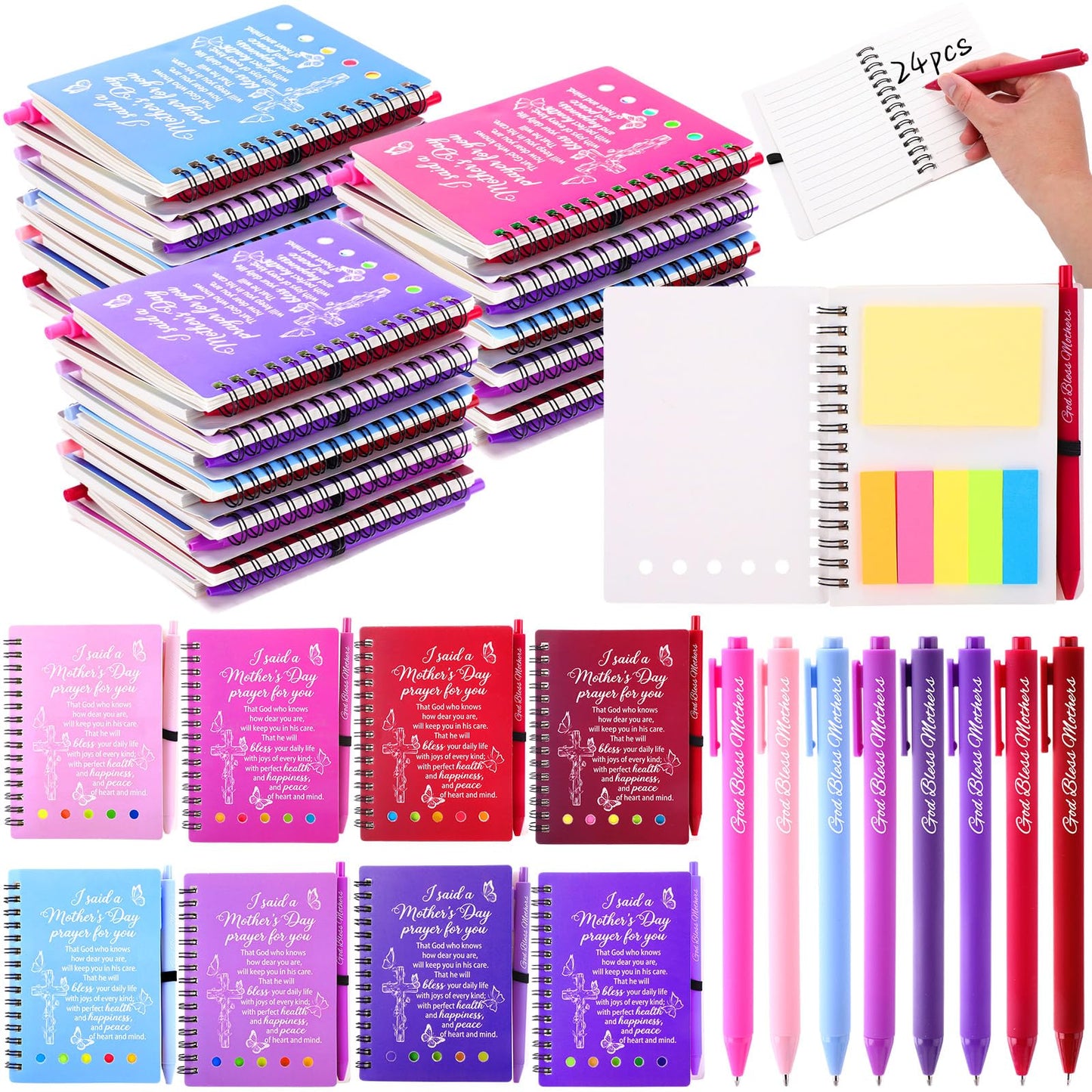 FunooFuno 24 Sets Mother's Day Christian Gifts Bulk Bible Verse Spiral Notebooks with Sticky Note Religious Ballpoint Pens Prayer Journal Church Gifts for Mamas Mom Women Mother's Day