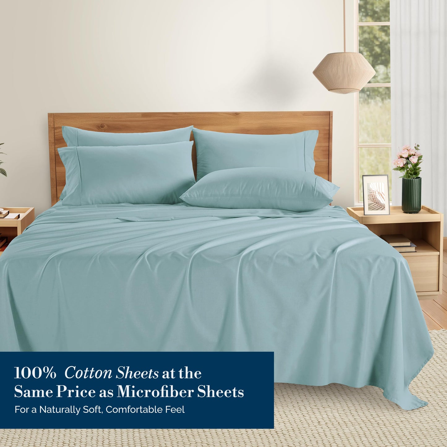 Casa Platino Queen Sheets Sets – 100% Cotton Queen Sheets Cooling with 4 Pillowcases, 15" Deep Pocket Fitted Sheet, Crisp & Smooth Feel, Ultra Soft & Cozy, Fit – Blue Sky