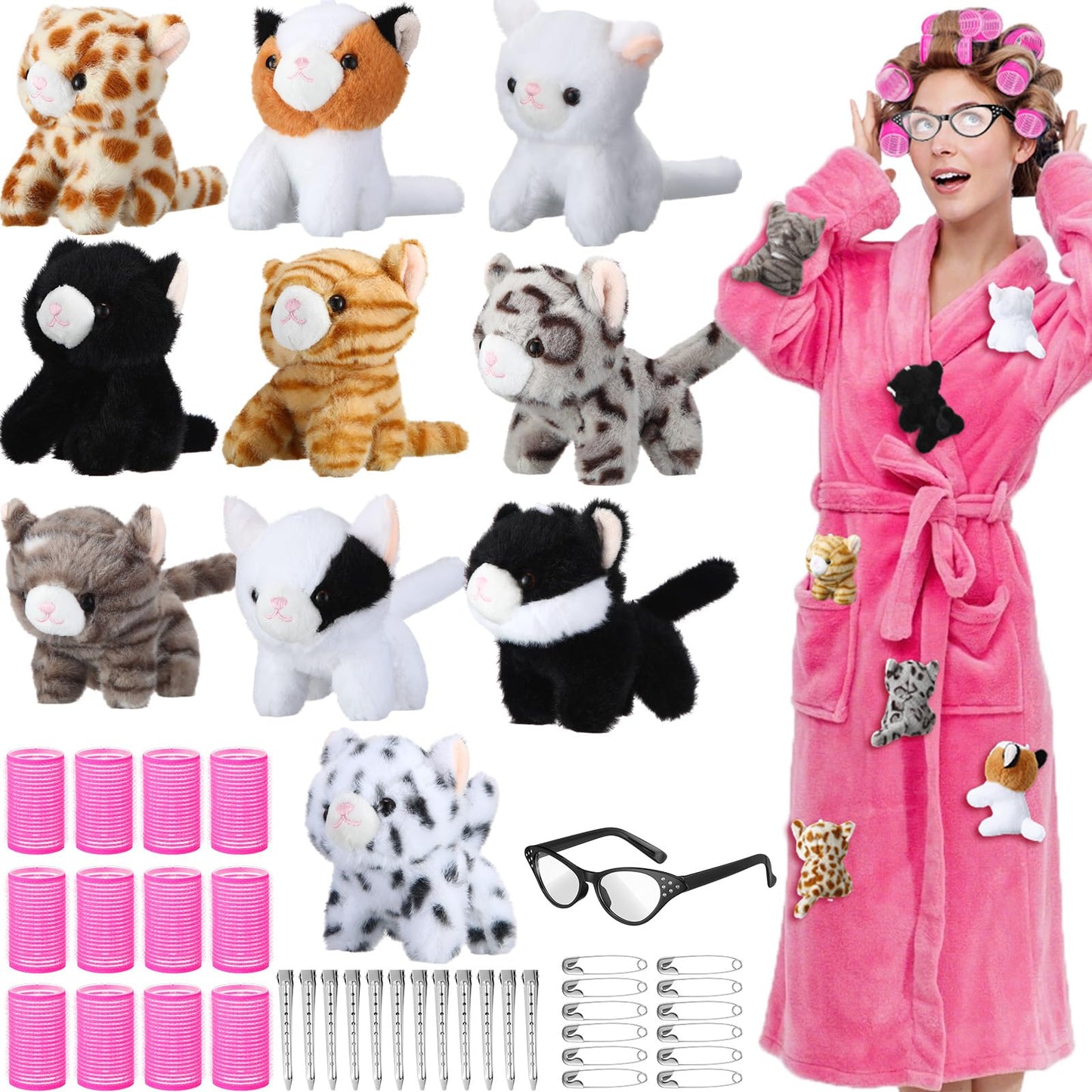 Simgoing 47 Pcs Halloween Cat Stuffed Toys Bulk Soft Cuddly Kitten Plush Animals Sets with Hair Curlers Glasses Hair Clips Kittens Fluffy Stuffed Cats for Christmas Birthday Gift Pet Party Favors