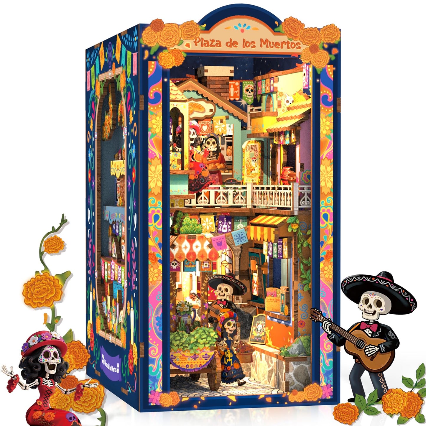 CUTEBEE Book Nook Kit - DIY Miniature House for Adults, 3D Wooden Puzzle Bookshelf Insert Decor, Day of the Dead Booknook, Mexican Folklore LED Miniature Kit, Unique Gifts (Plaza de los Muertos)