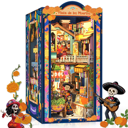CUTEBEE Book Nook Kit - DIY Miniature House for Adults, 3D Wooden Puzzle Bookshelf Insert Decor, Day of the Dead Booknook, Mexican Folklore LED Miniature Kit, Unique Gifts (Plaza de los Muertos)