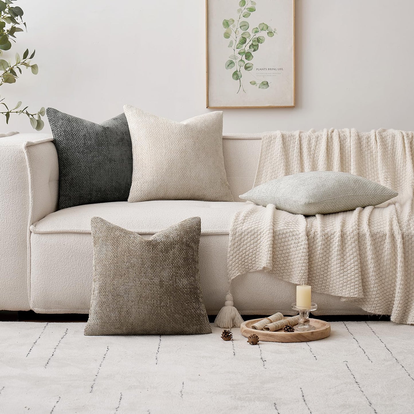 MIULEE Pack of 4 Couch Throw Pillow Covers 22x22 Inch Neutral Soft Decorative Chenille Pillow Covers Farmhouse Boho Accent Cushion Covers for Mid Century Modern Spring Decor Sofa Bedroom Living Room
